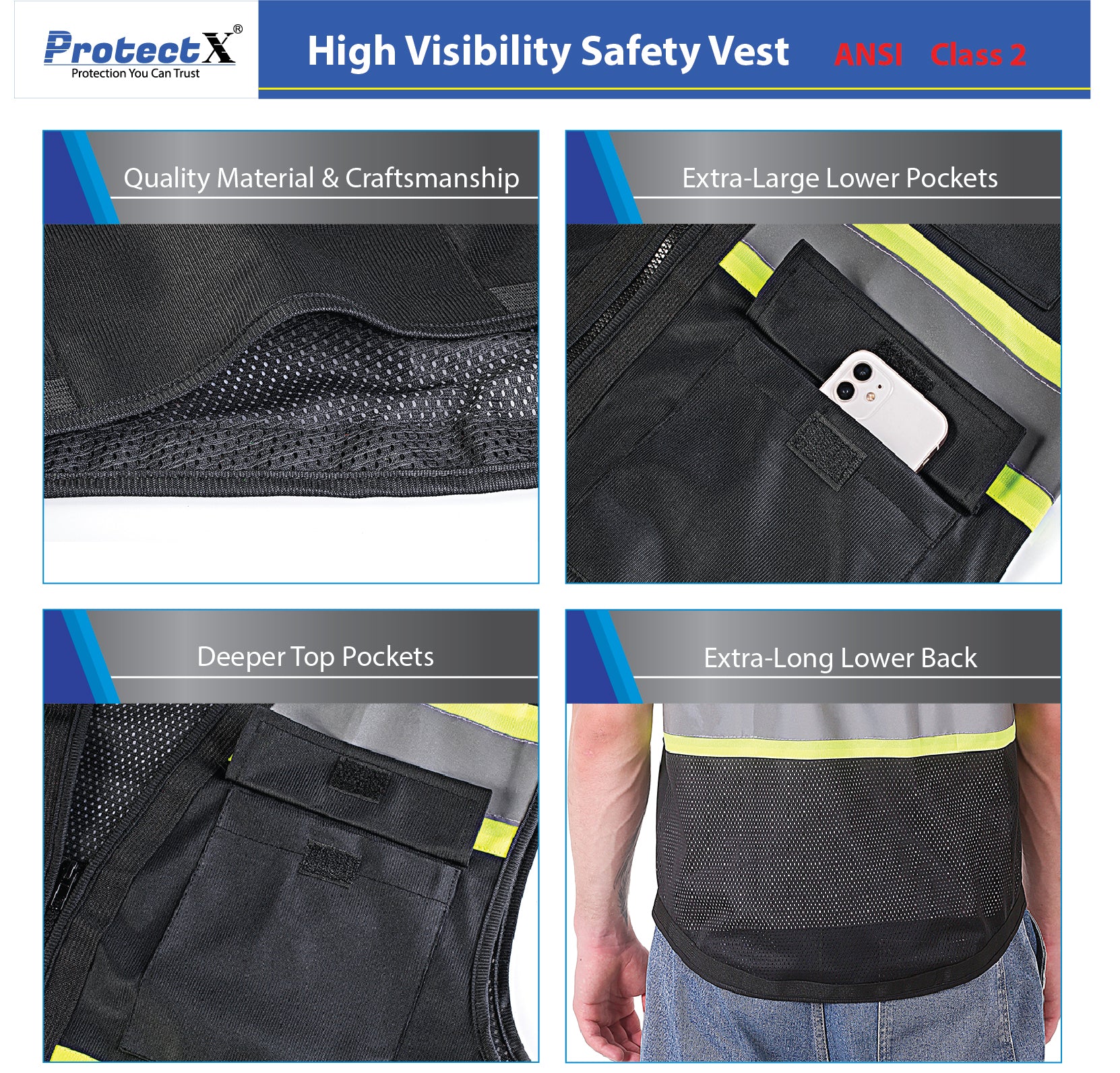 ProtectX Safety Vest Black Hi-Visibility Vest Solid Front Mesh Back with 6 Pockets<br>SV-120SM4-BKBK