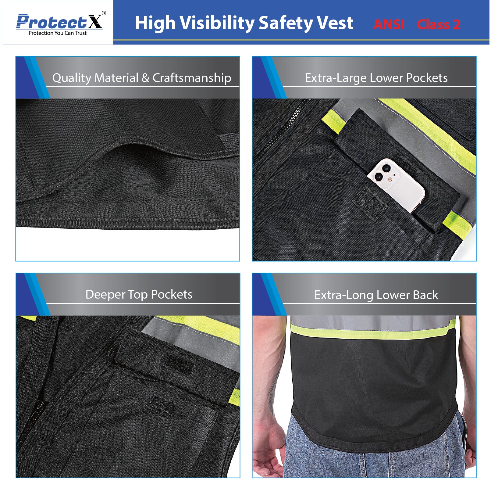 ProtectX Safety Vest Black Hi-Visibility Vest All Solid Fabric with 6 Pockets<br>SV-120SS4-BKBK