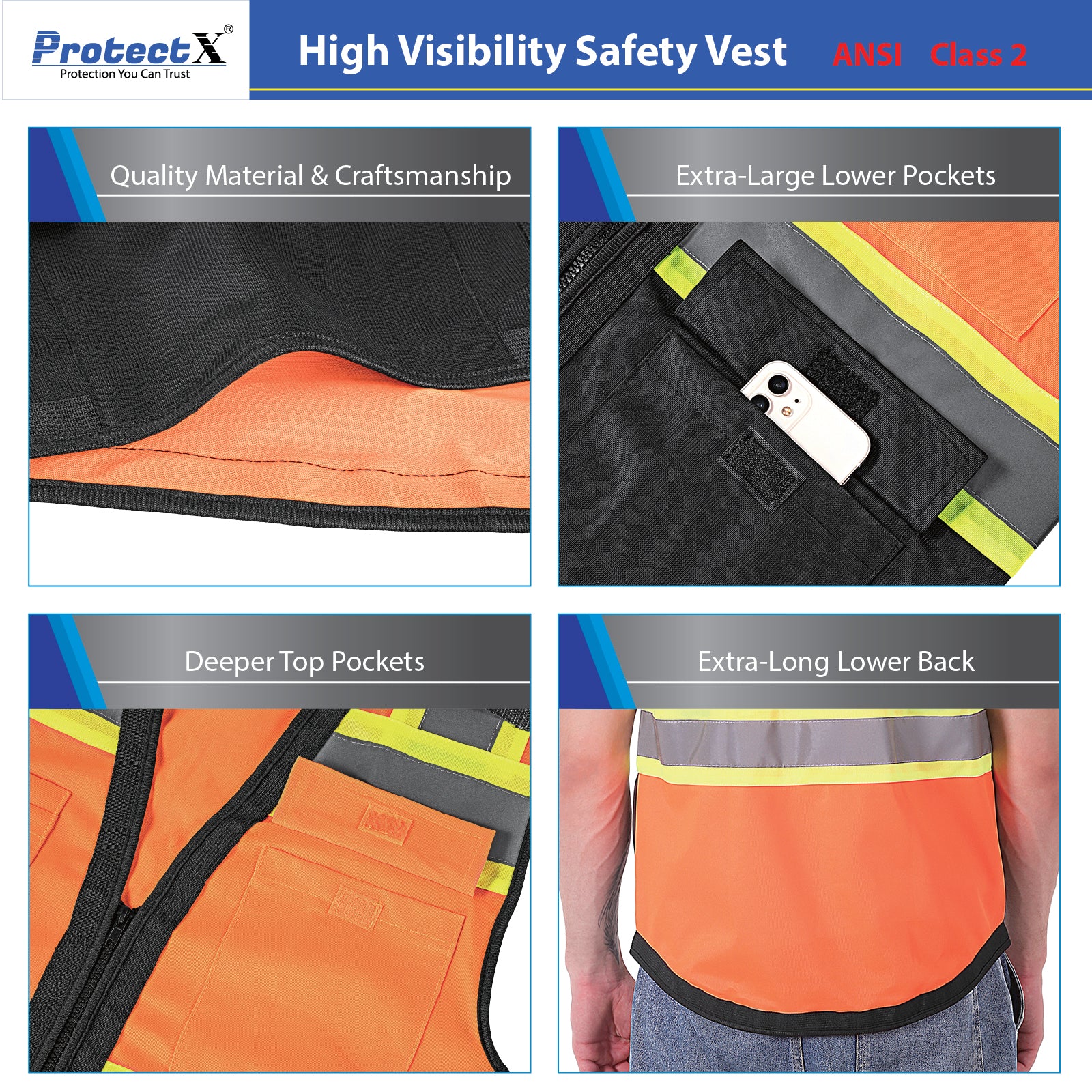 ProtectX Safety Vest ANSI Neon Orange Class 2 Hi-Visibility Vest All Solid Fabric with 6 Pockets, ANSI/ISEA Certified <br>SV-120SS4-ORBK