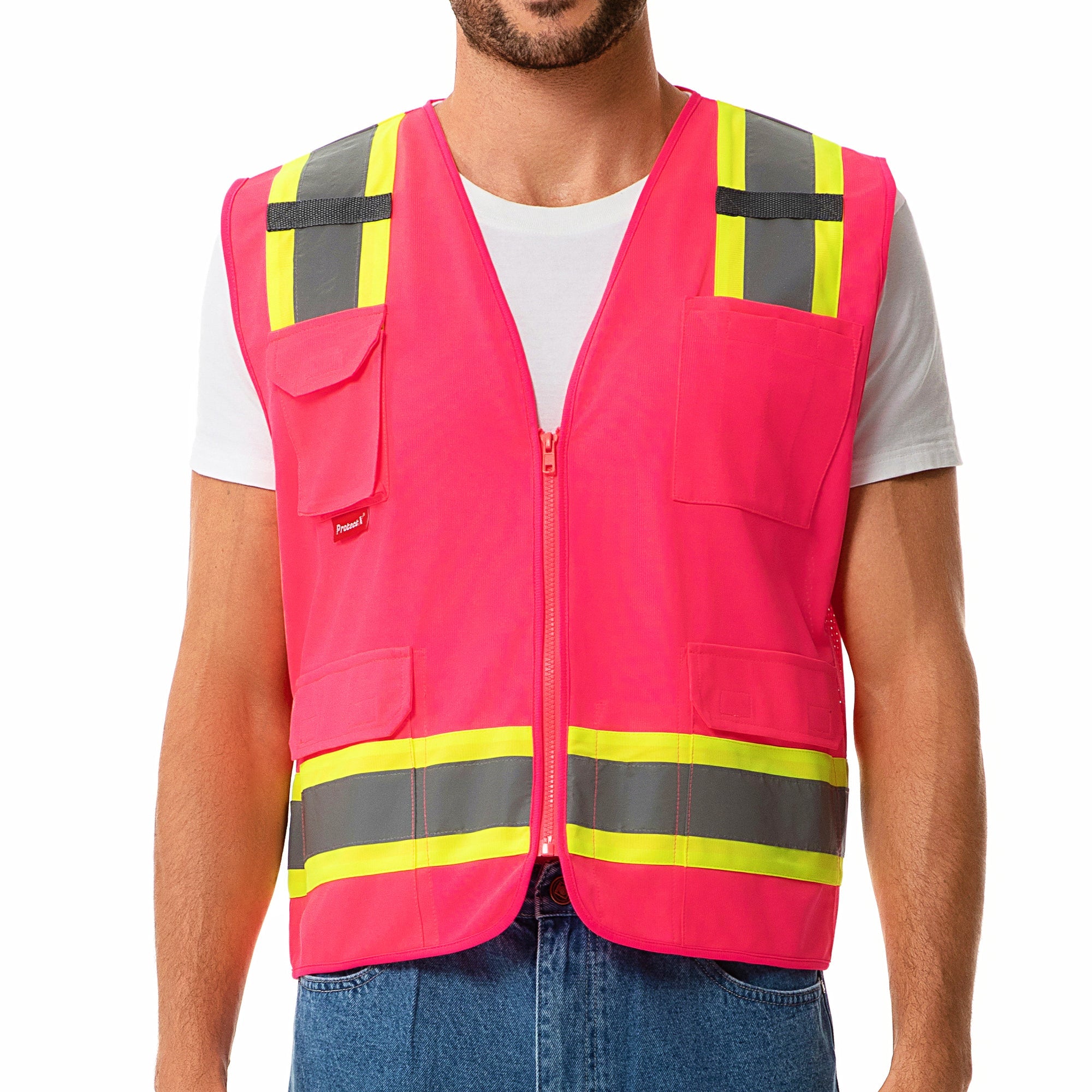 ProtectX Pink High Visibility Reflective Safety Vest for Men Women Hi Vis Work Construction Vest with Pockets Zipper Front  7 Pockets<br>SV-120-FM7-PK-01