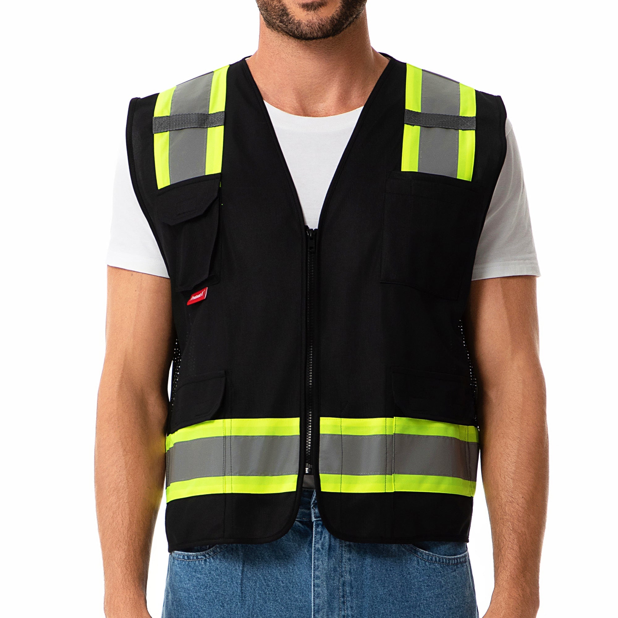 ProtectX Black High Visibility Reflective Safety Vest for Men Women Hi Vis Work Construction Vest with Pockets Zipper Front  7 Pockets<br>SV-120-FM7-BK-01