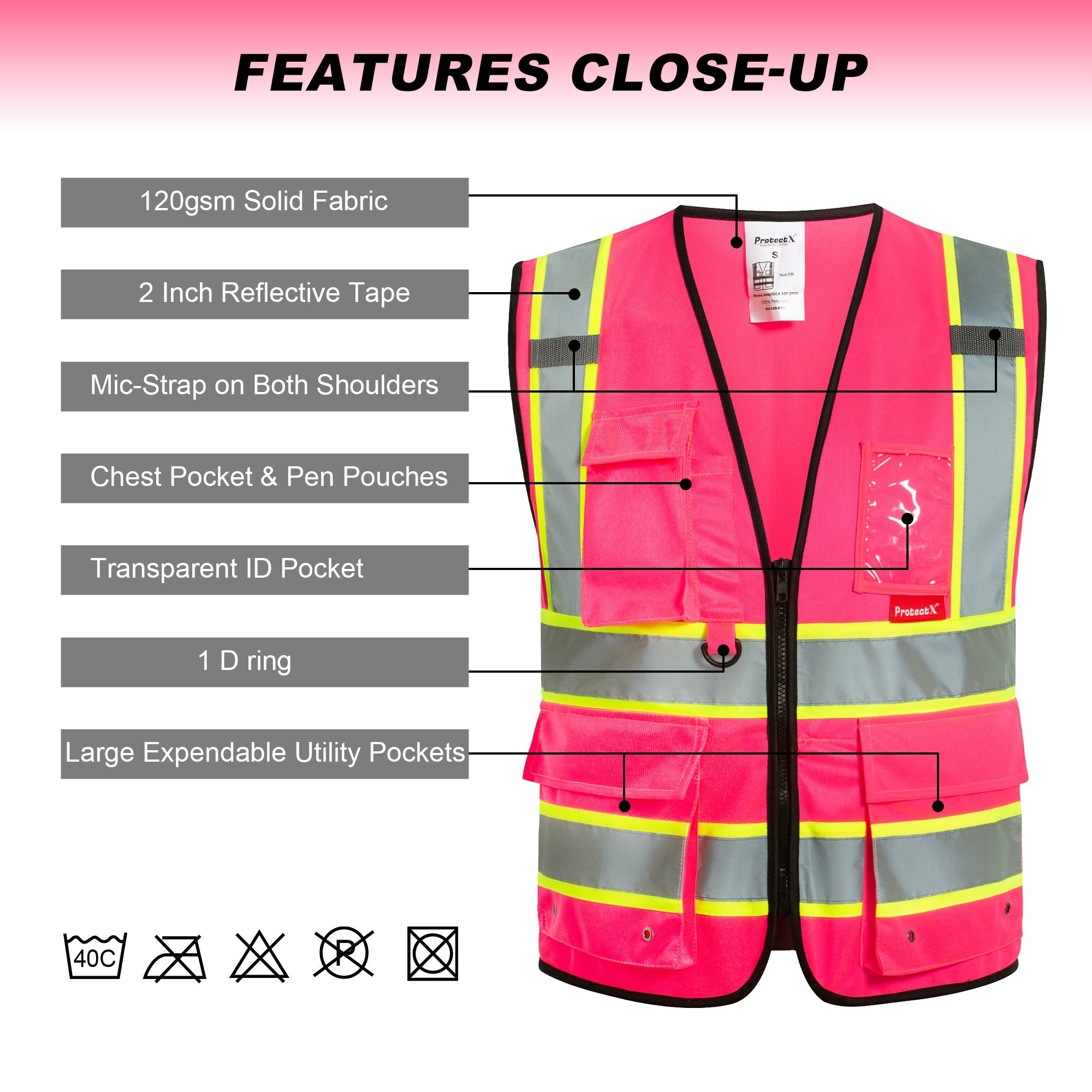 ProtectX 9 Pockets Pink Safety Vest for Men Women High Visibility Reflective Vest for Construction Work<br>SV-120-SS9-PK-01