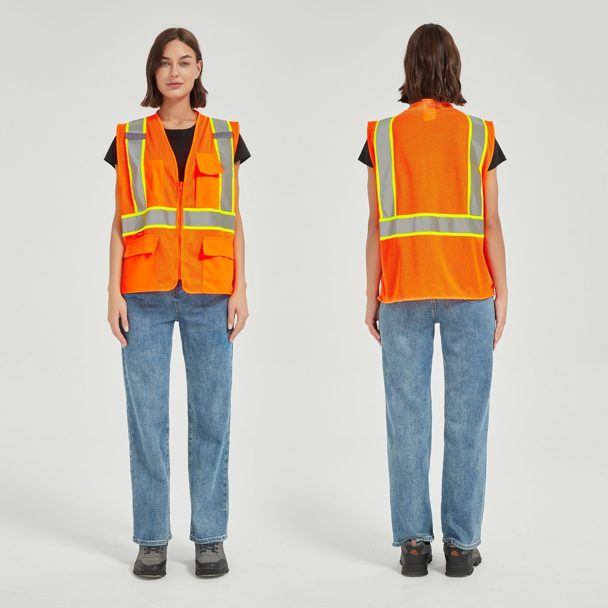 ProtectX Neon Orange Safety Vest for Men Women ANSI Class 2 High Visibility Mesh Reflective Construction Vest with 4 Pockets <br>SV-120MM4-OROR-01
