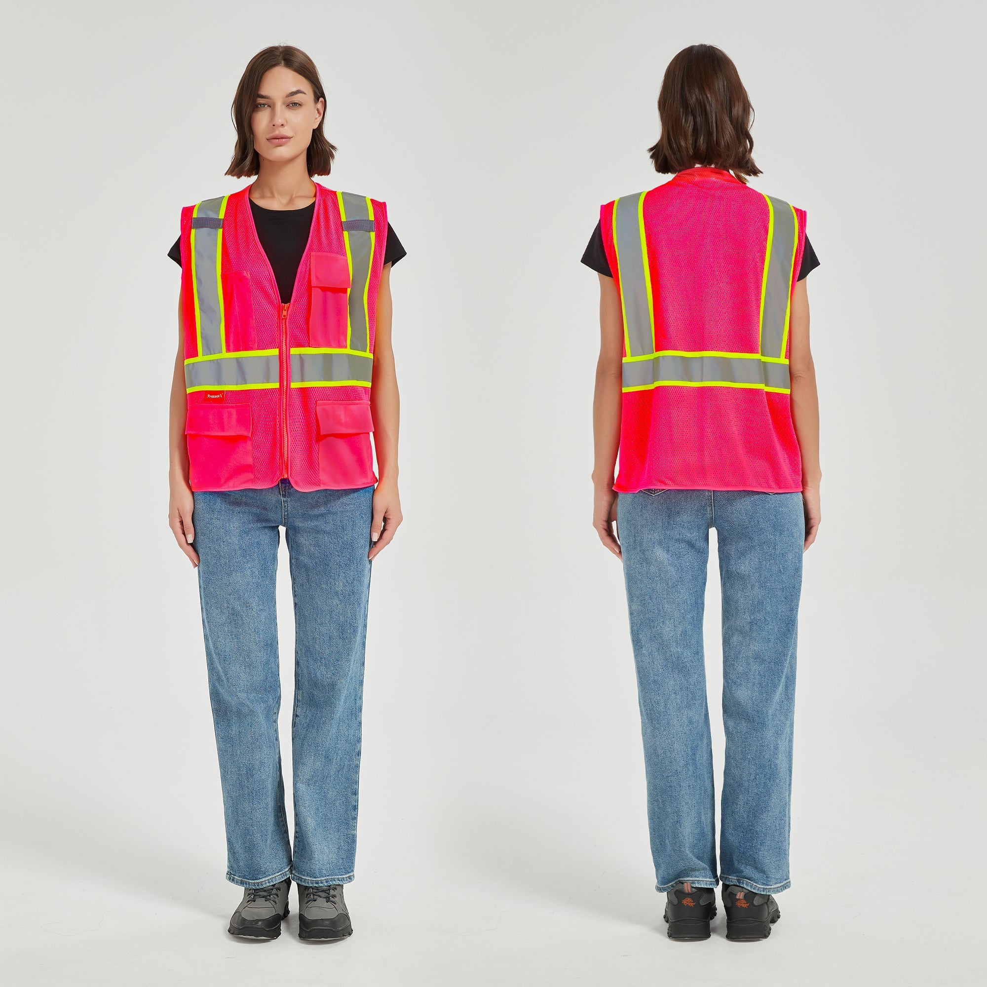 ProtectX Safety Vest for Men Women High Visibility Mesh Reflective Construction Vest with 4 Pockets<br>SV-120MM4-PKPK-01