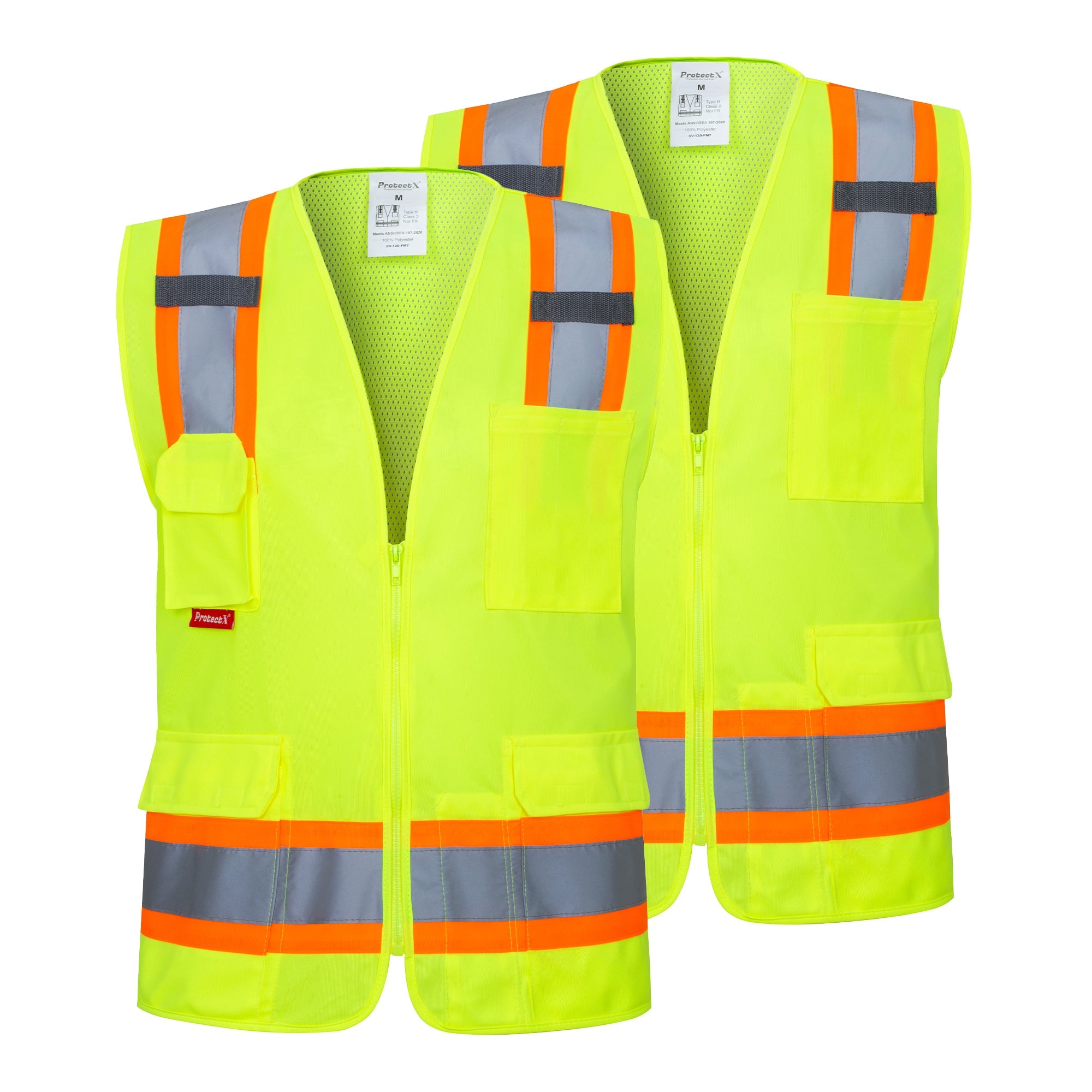 ProtectX Neon Green High Visibility Reflective Safety Vest for Men Women Hi Vis Work Construction Vest with Pockets Class 2 Zipper Front Meets ANSI Standards 7 Pockets<br>SV-120-FM7-GN-01