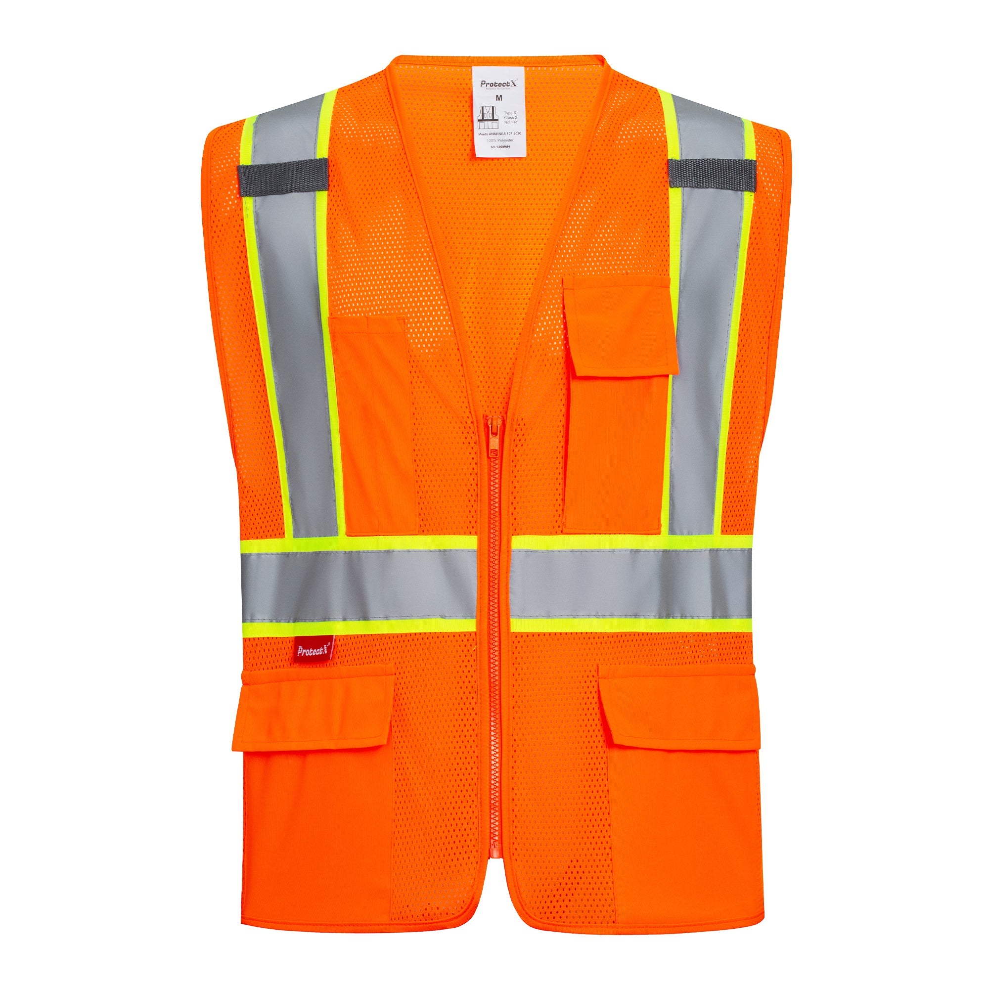ProtectX Neon Orange Safety Vest for Men Women ANSI Class 2 High Visibility Mesh Reflective Construction Vest with 4 Pockets <br>SV-120MM4-OROR-01