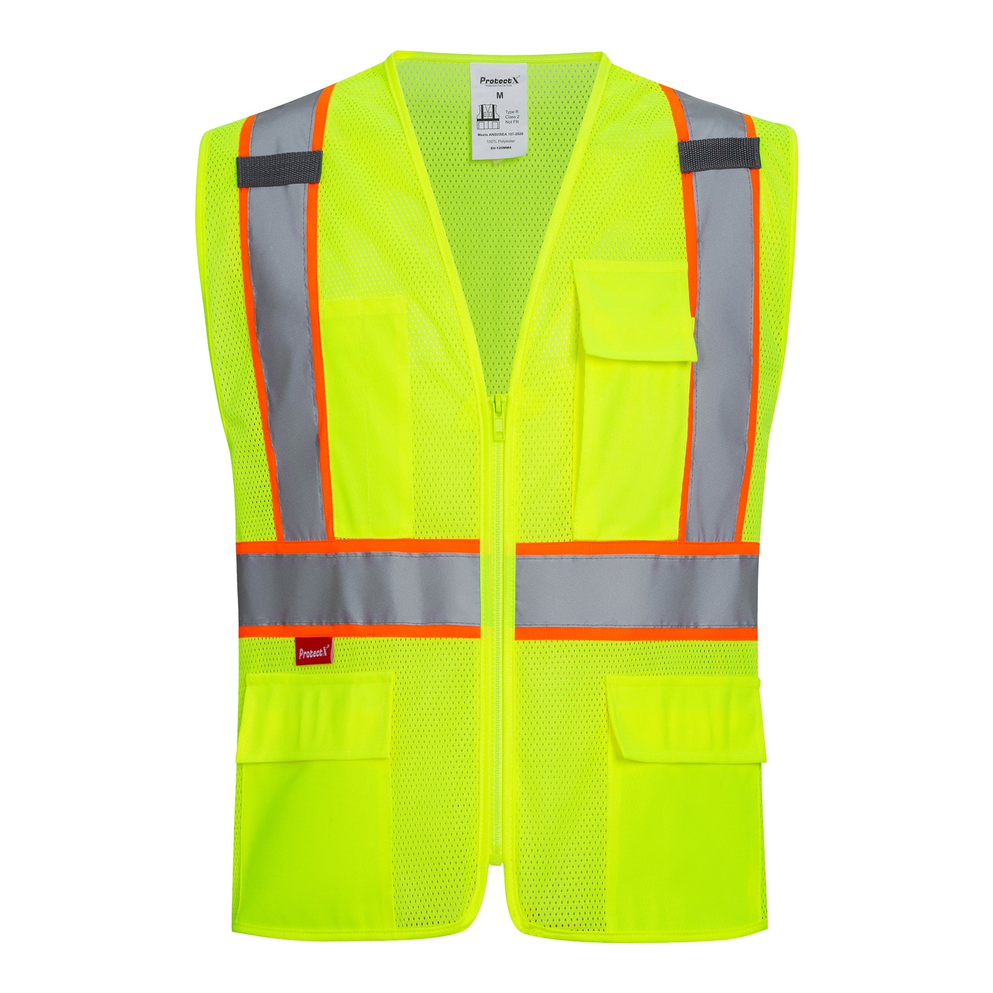 ProtectX Neon Green Safety Vest for Men Women ANSI Class 2 High Visibility Mesh Reflective Construction Vest with 4 Pockets <br>SV-120MM4-GNGN