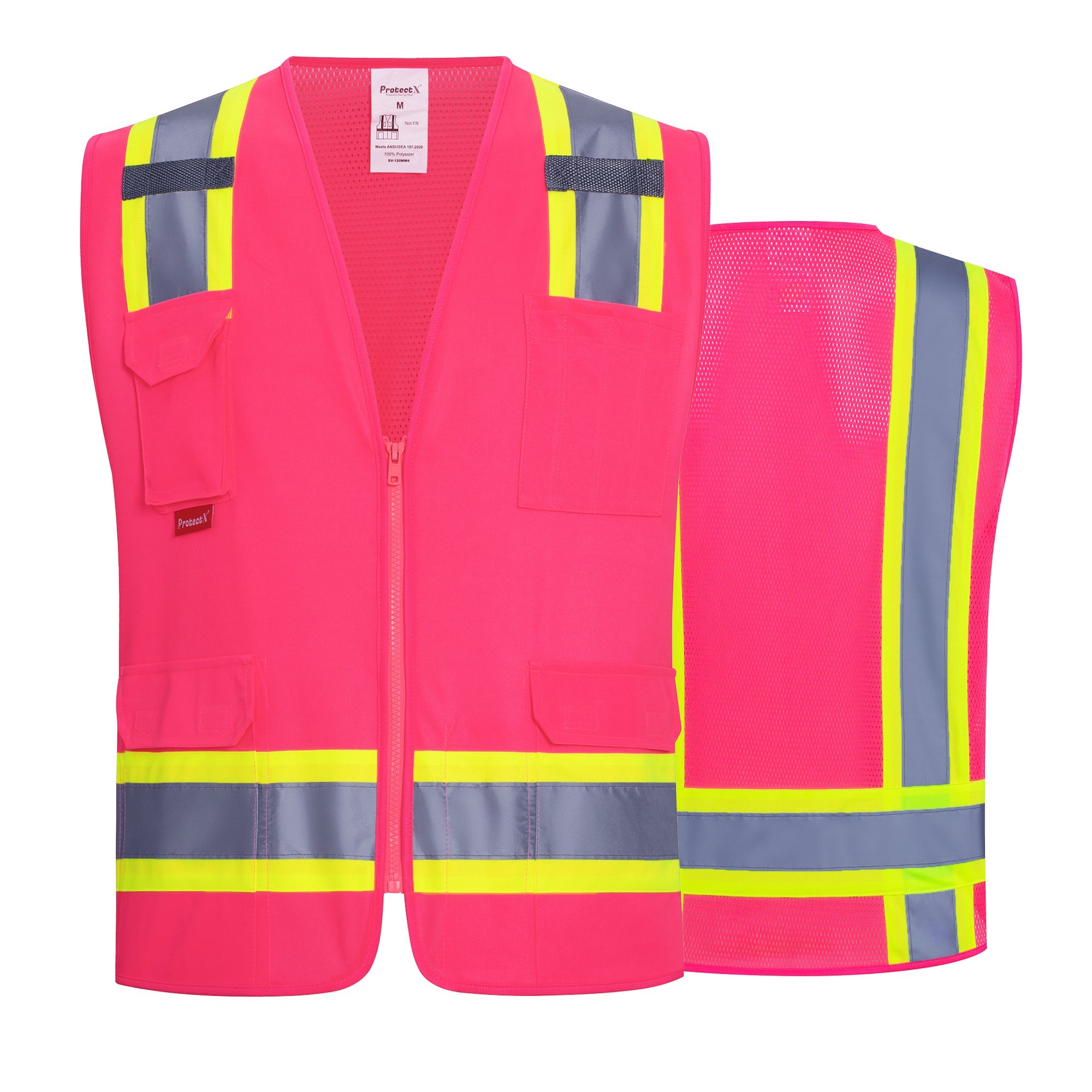 ProtectX Pink High Visibility Reflective Safety Vest for Men Women Hi Vis Work Construction Vest with Pockets Zipper Front  7 Pockets<br>SV-120-FM7-PK-01