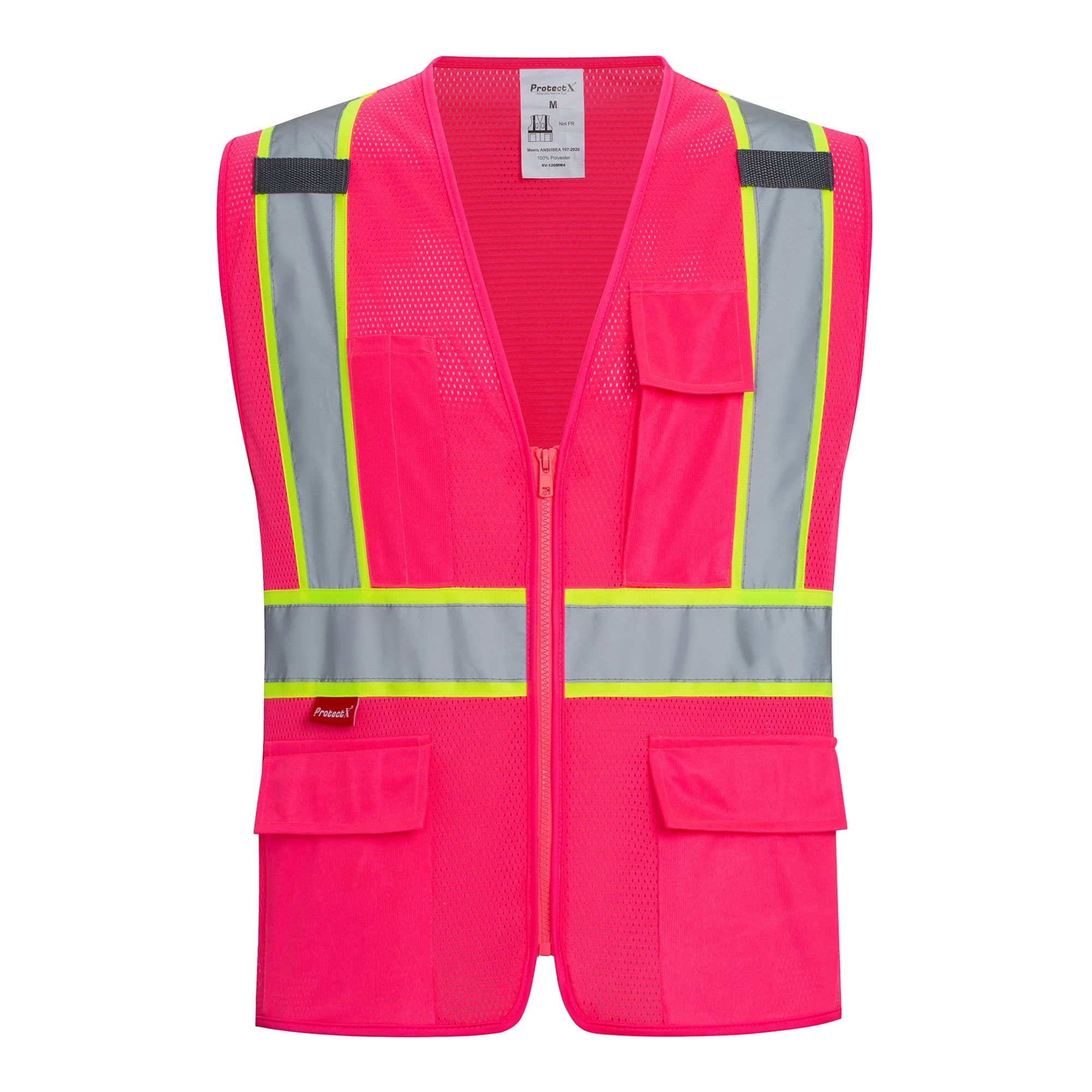 ProtectX Safety Vest for Men Women High Visibility Mesh Reflective Construction Vest with 4 Pockets<br>SV-120MM4-PKPK-01