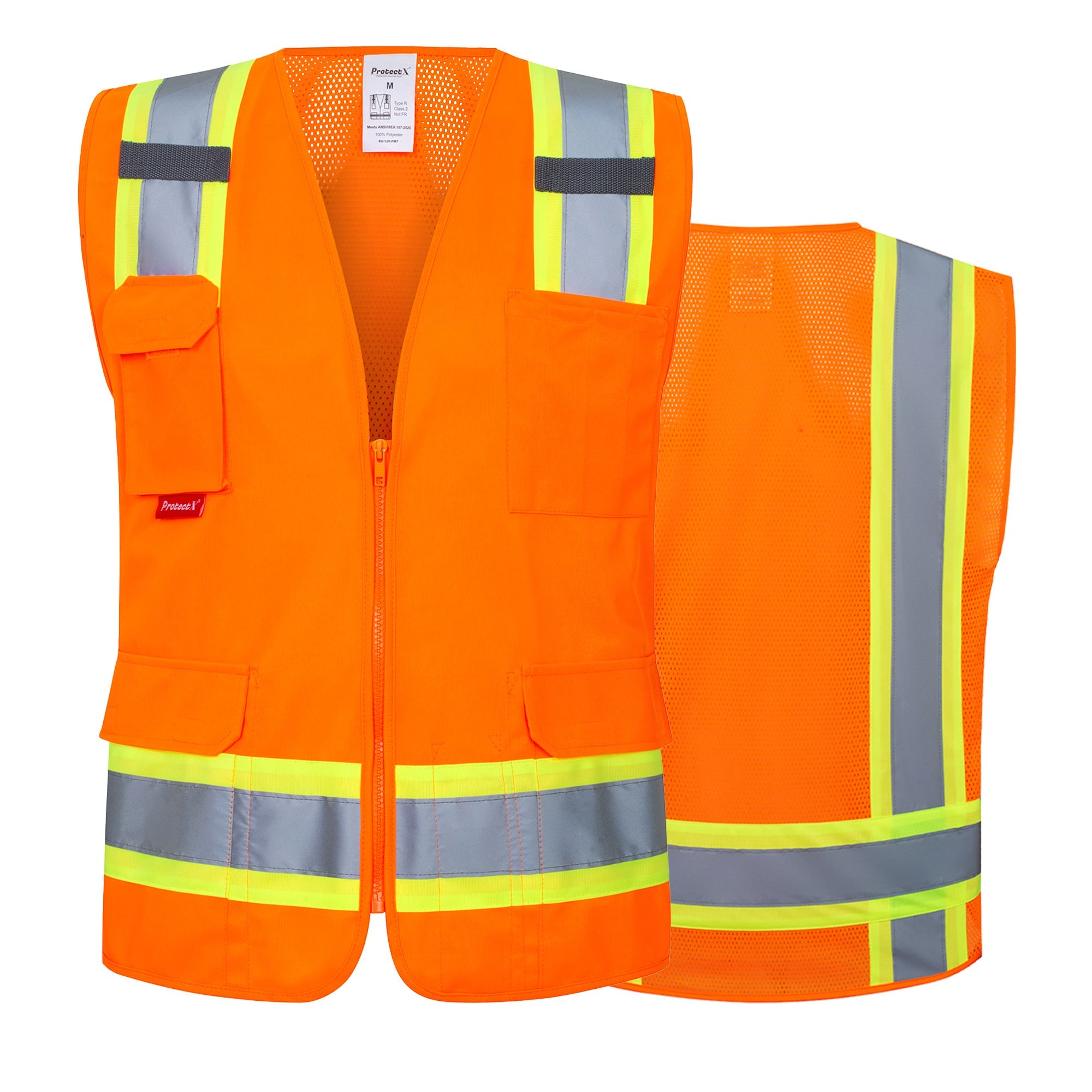 ProtectX Orange High Visibility Reflective Safety Vest for Men Women Hi Vis Work Construction Vest with Pockets Class 2 Zipper Front Meets ANSI Standards 7 Pockets<br>SV-120-FM7-OR-01