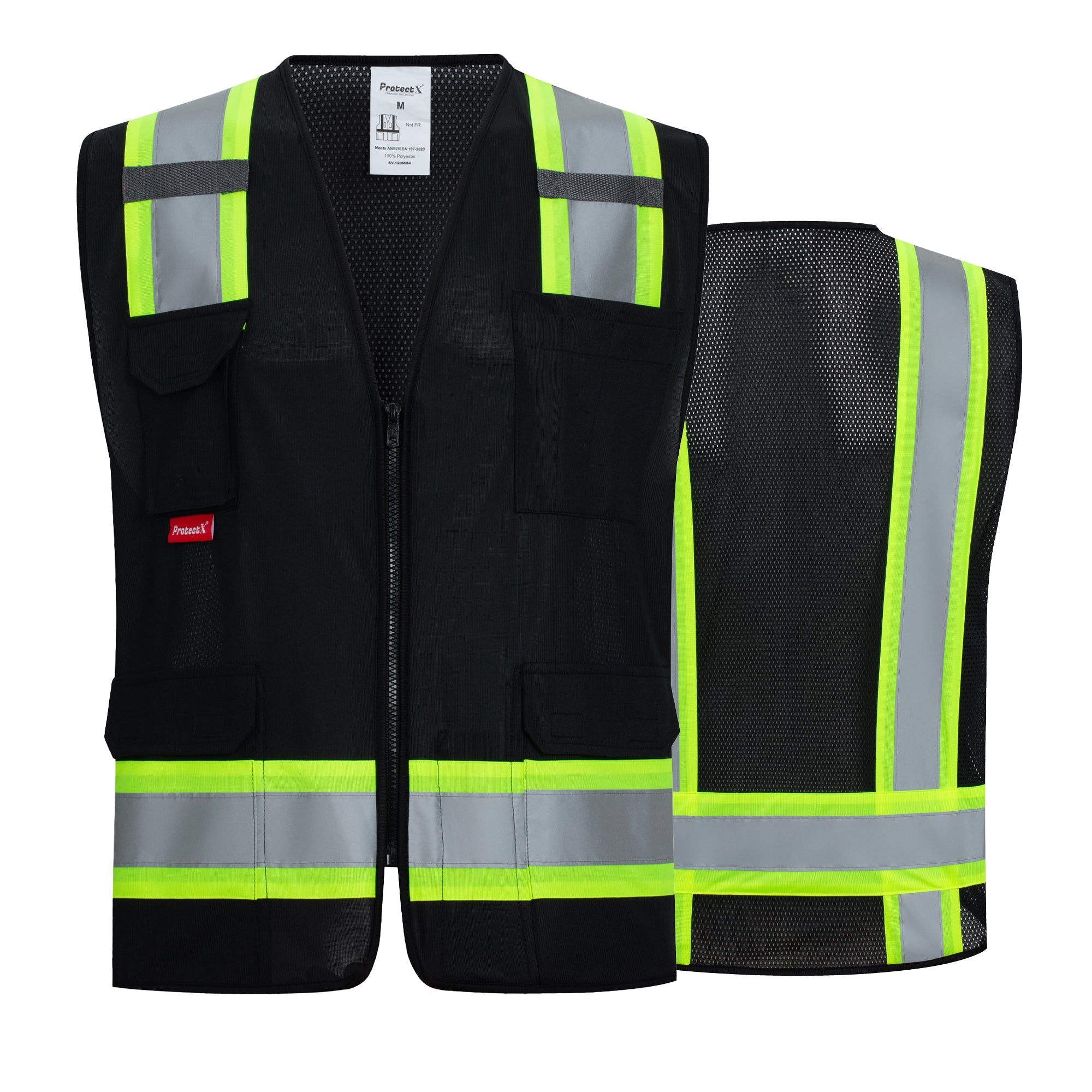 ProtectX Black High Visibility Reflective Safety Vest for Men Women Hi Vis Work Construction Vest with Pockets Zipper Front  7 Pockets<br>SV-120-FM7-BK-01