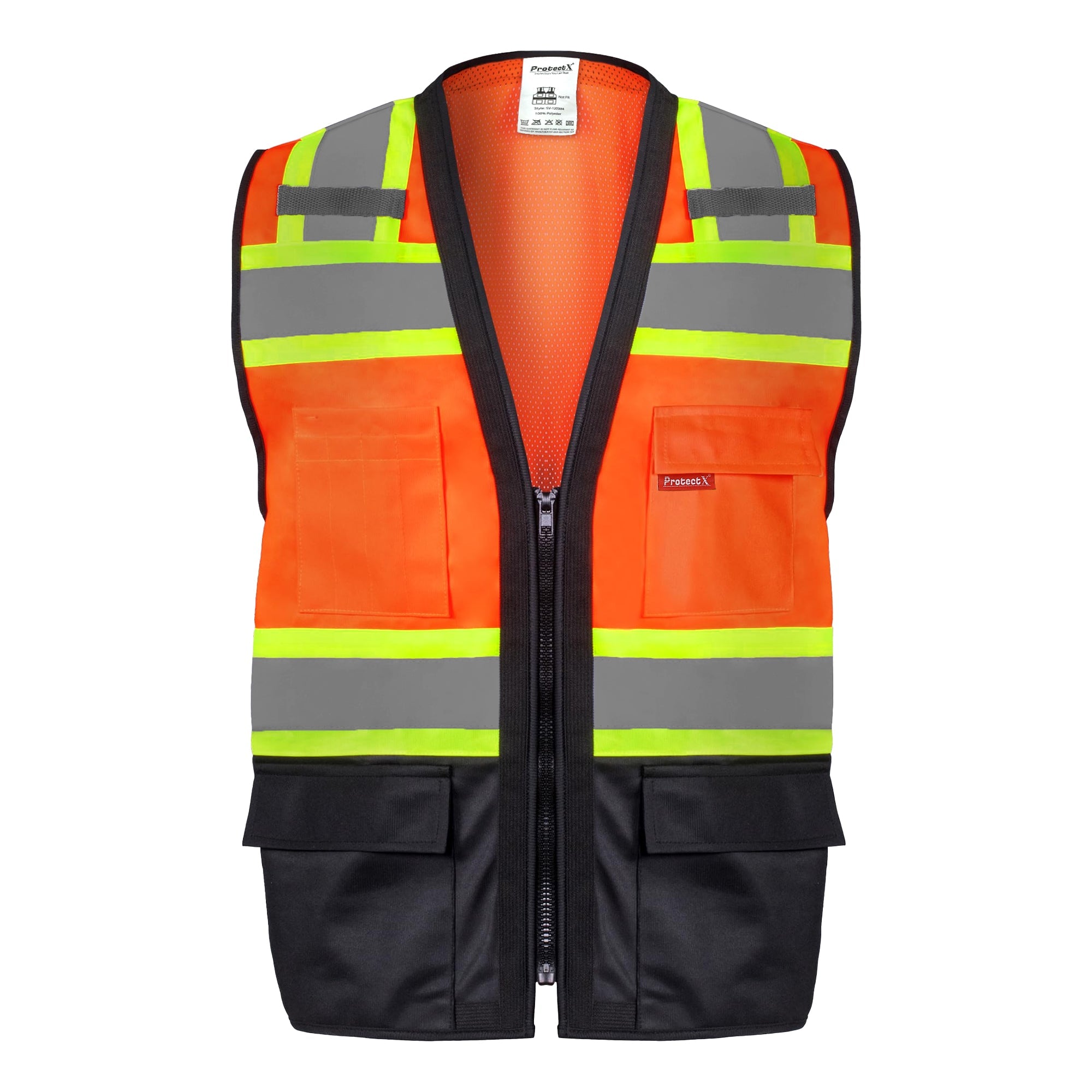 ProtectX Safety Vest ANSI Neon Orange Class 2 Hi-Visibility Vest Solid Front Mesh Back with 6 Pockets ANSI/ISEA Certified <br>SV-120SM4-ORBK