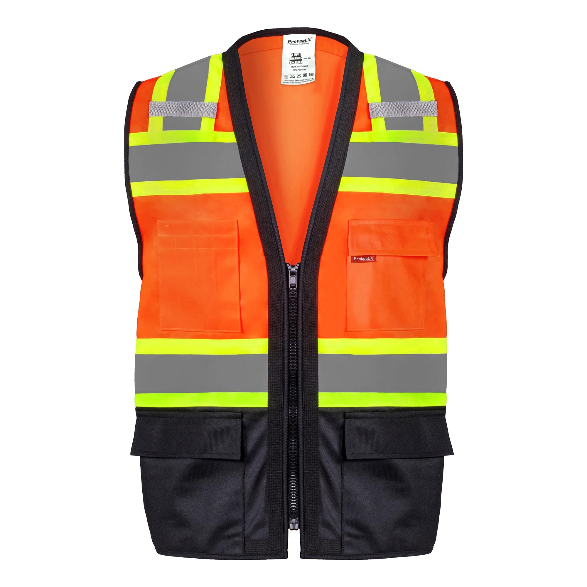 ProtectX Safety Vest ANSI Neon Orange Class 2 Hi-Visibility Vest All Solid Fabric with 6 Pockets, ANSI/ISEA Certified <br>SV-120SS4-ORBK