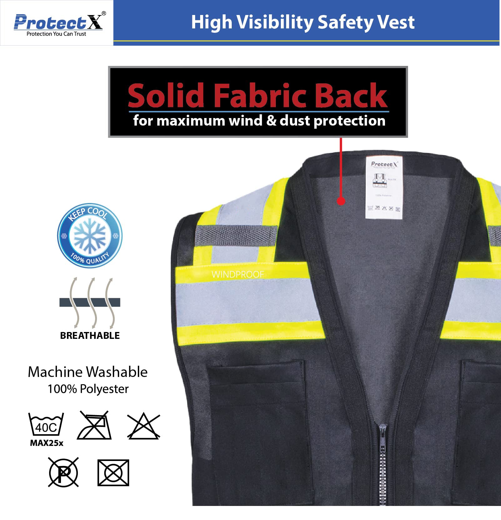 ProtectX Safety Vest Black Hi-Visibility Vest All Solid Fabric with 6 Pockets<br>SV-120SS4-BKBK