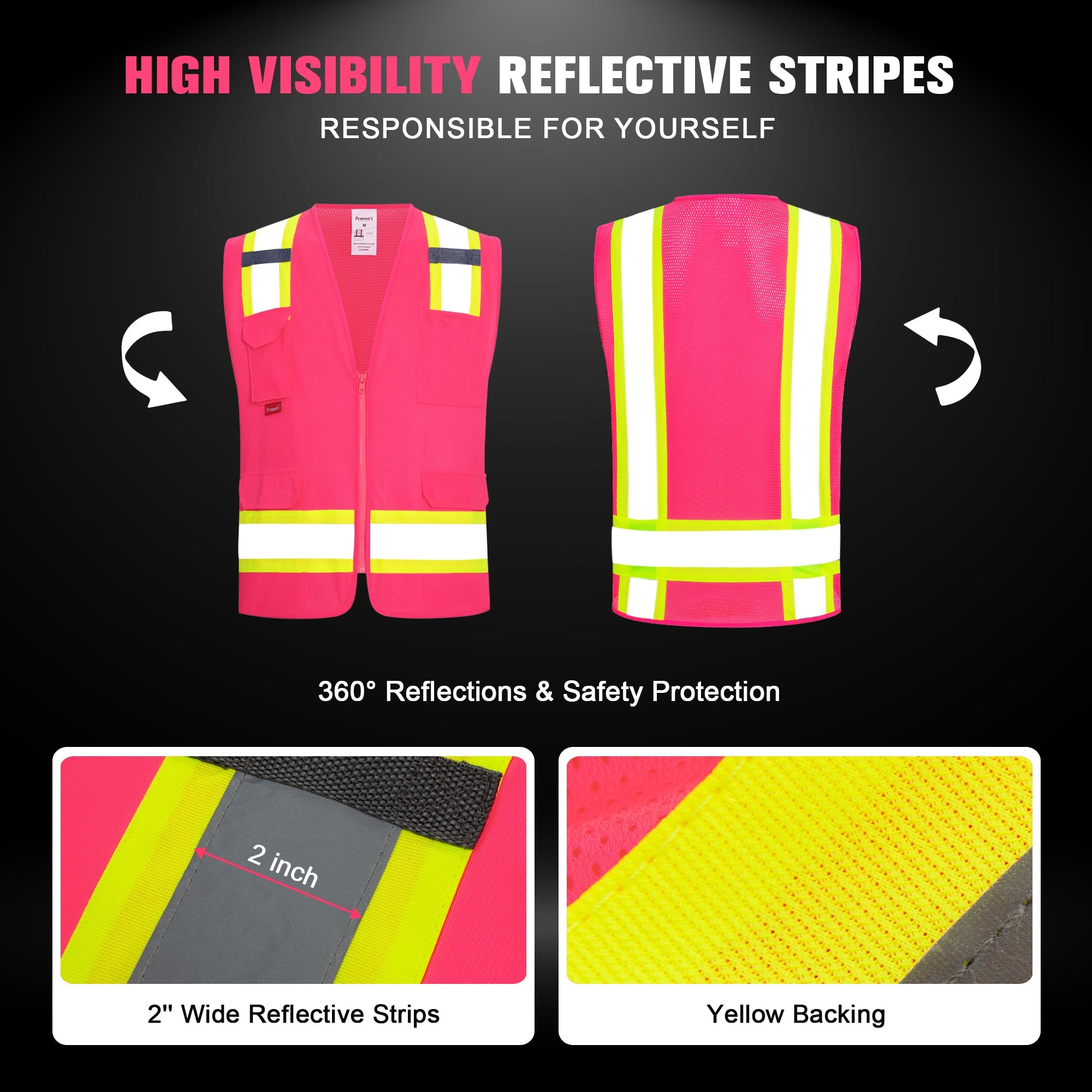 ProtectX Pink High Visibility Reflective Safety Vest for Men Women Hi Vis Work Construction Vest with Pockets Zipper Front  7 Pockets<br>SV-120-FM7-PK-01
