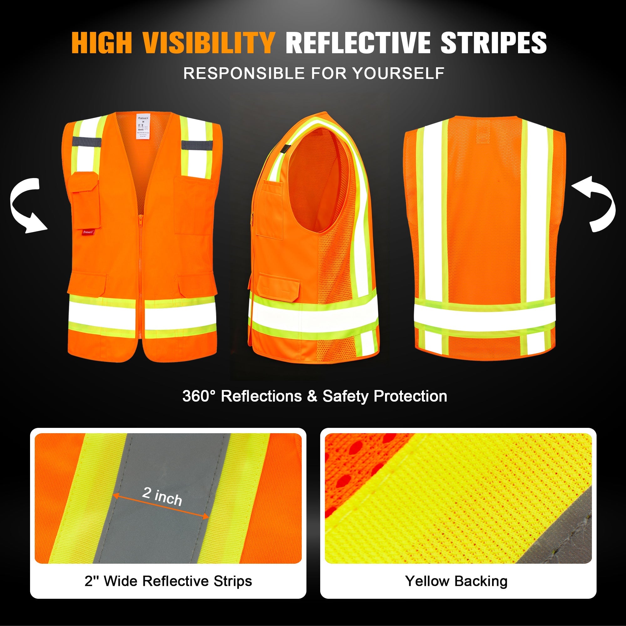 ProtectX Orange High Visibility Reflective Safety Vest for Men Women Hi Vis Work Construction Vest with Pockets Class 2 Zipper Front Meets ANSI Standards 7 Pockets<br>SV-120-FM7-OR-01