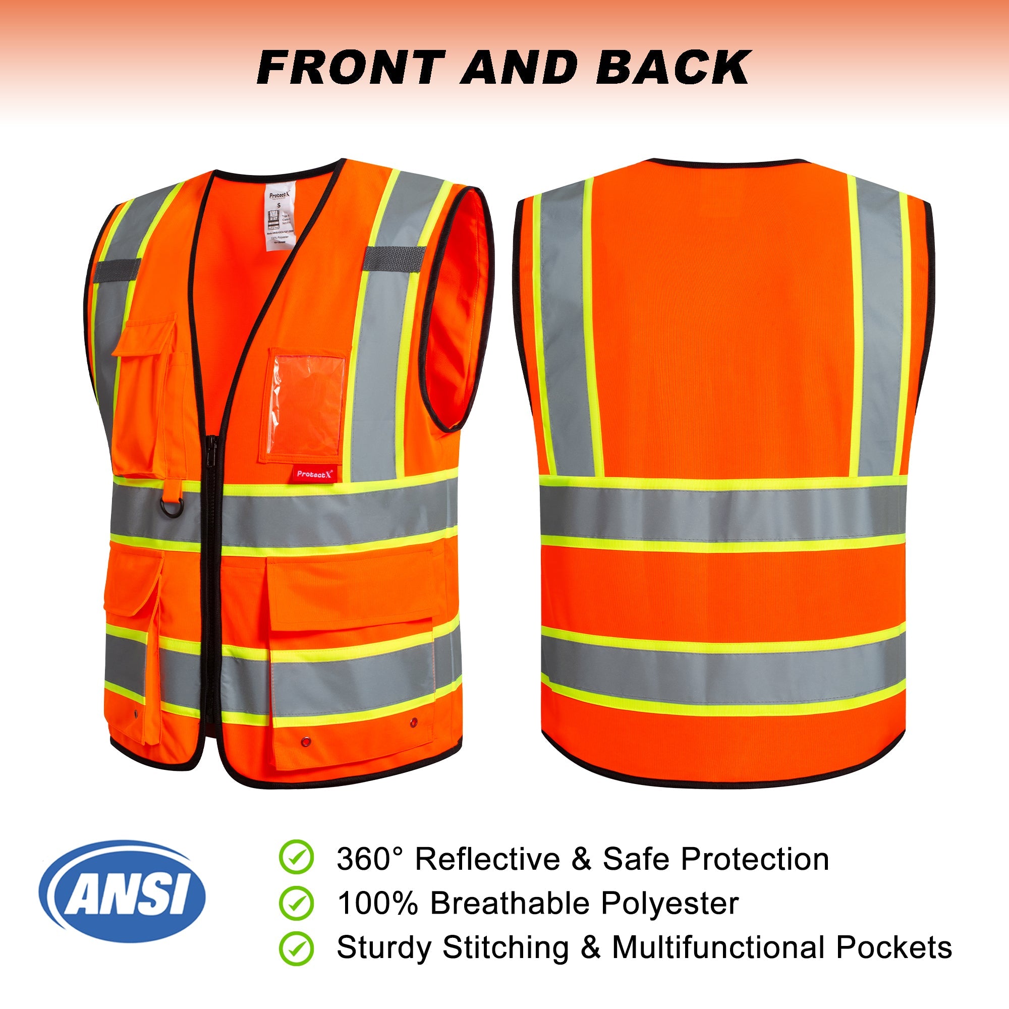 ProtectX 9 Pockets Orange Safety Vest for Men Women High Visibility Reflective Vest for Construction Work Class 2<br>SV-120-SS9-OR-01
