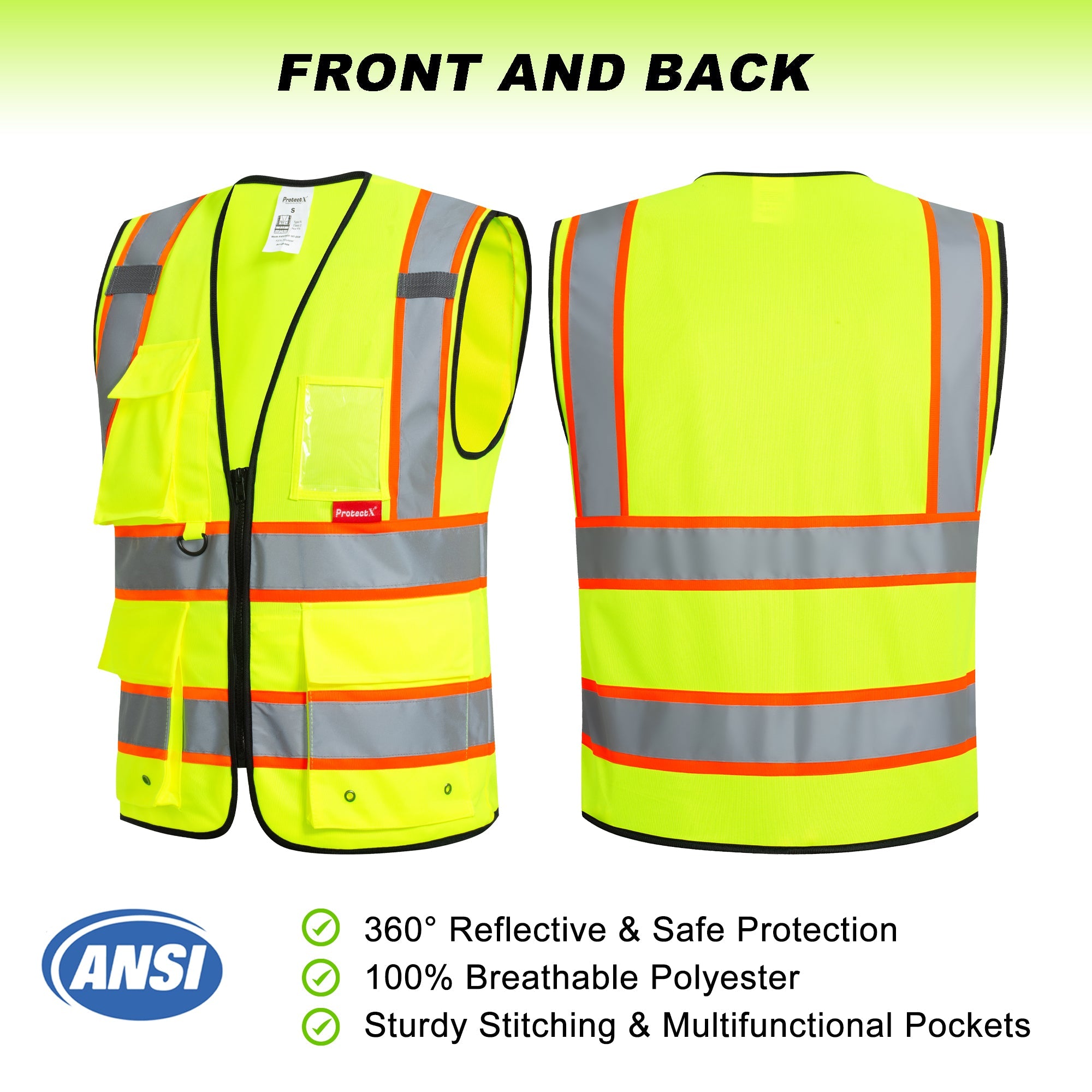 ProtectX 9 Pockets Green Safety Vest for Men Women High Visibility Reflective Vest for Construction Work Class 2<br>SV-120-SS9-GN-01