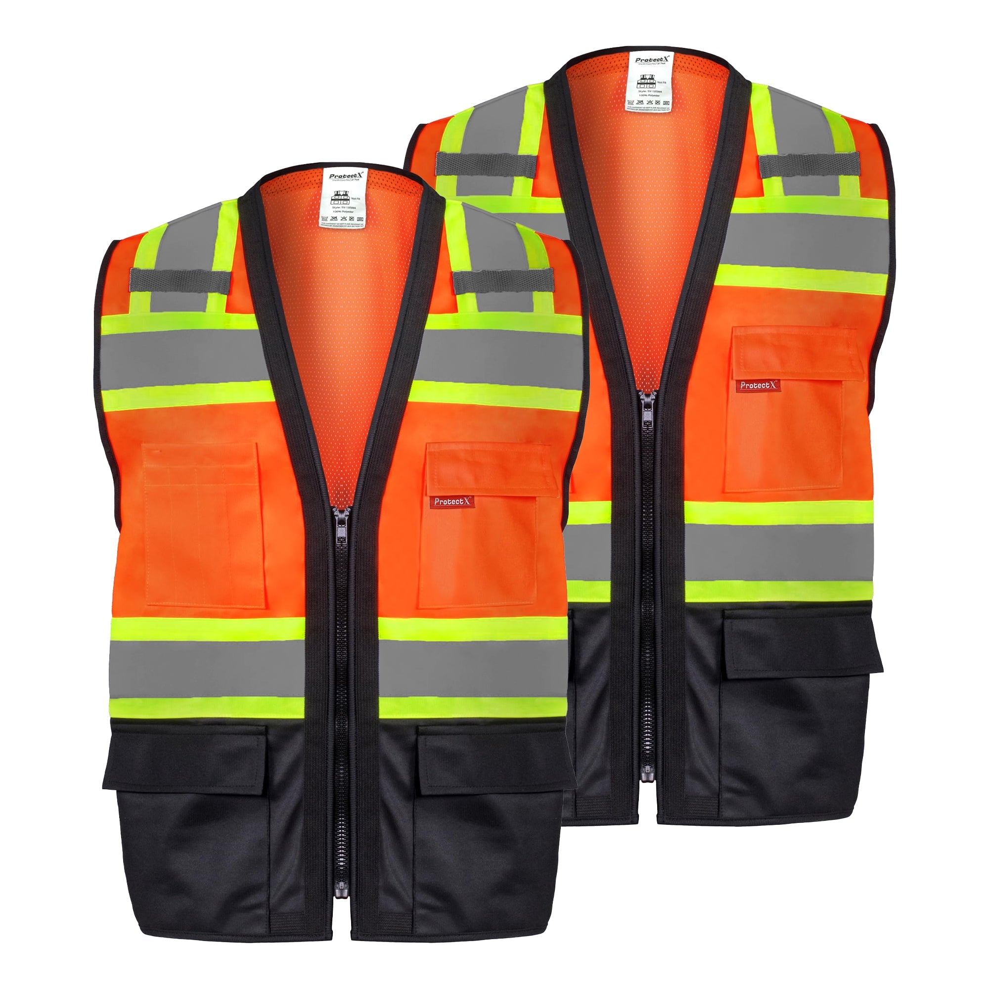 ProtectX Safety Vest ANSI Neon Orange Class 2 Hi-Visibility Vest Solid Front Mesh Back with 6 Pockets ANSI/ISEA Certified <br>SV-120SM4-ORBK
