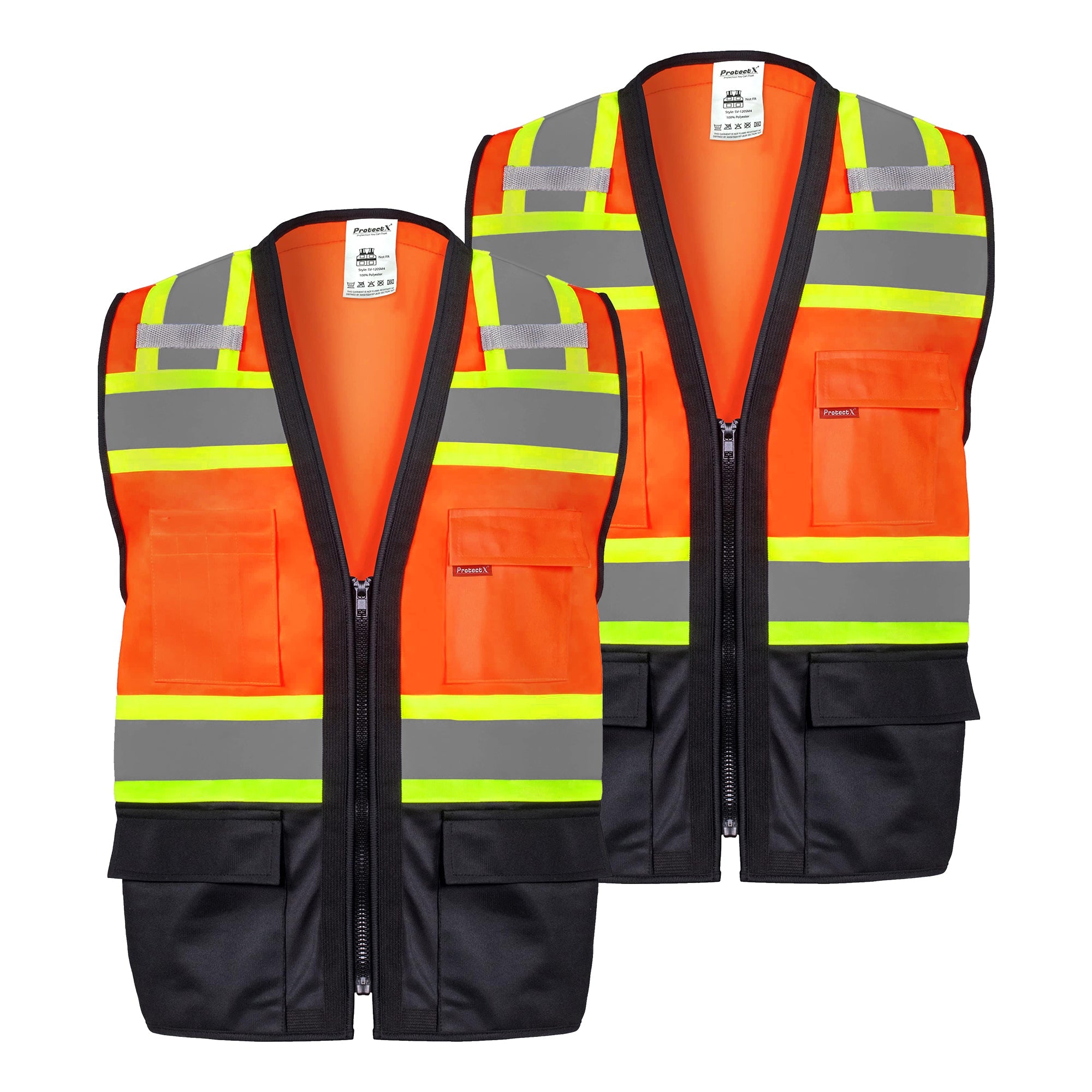 ProtectX Safety Vest ANSI Neon Orange Class 2 Hi-Visibility Vest All Solid Fabric with 6 Pockets, ANSI/ISEA Certified <br>SV-120SS4-ORBK