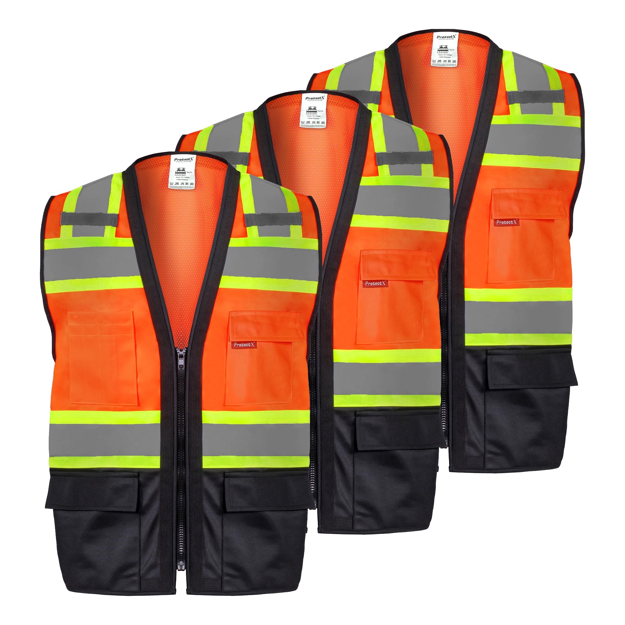 ProtectX Safety Vest ANSI Neon Orange Class 2 Hi-Visibility Vest Solid Front Mesh Back with 6 Pockets ANSI/ISEA Certified <br>SV-120SM4-ORBK