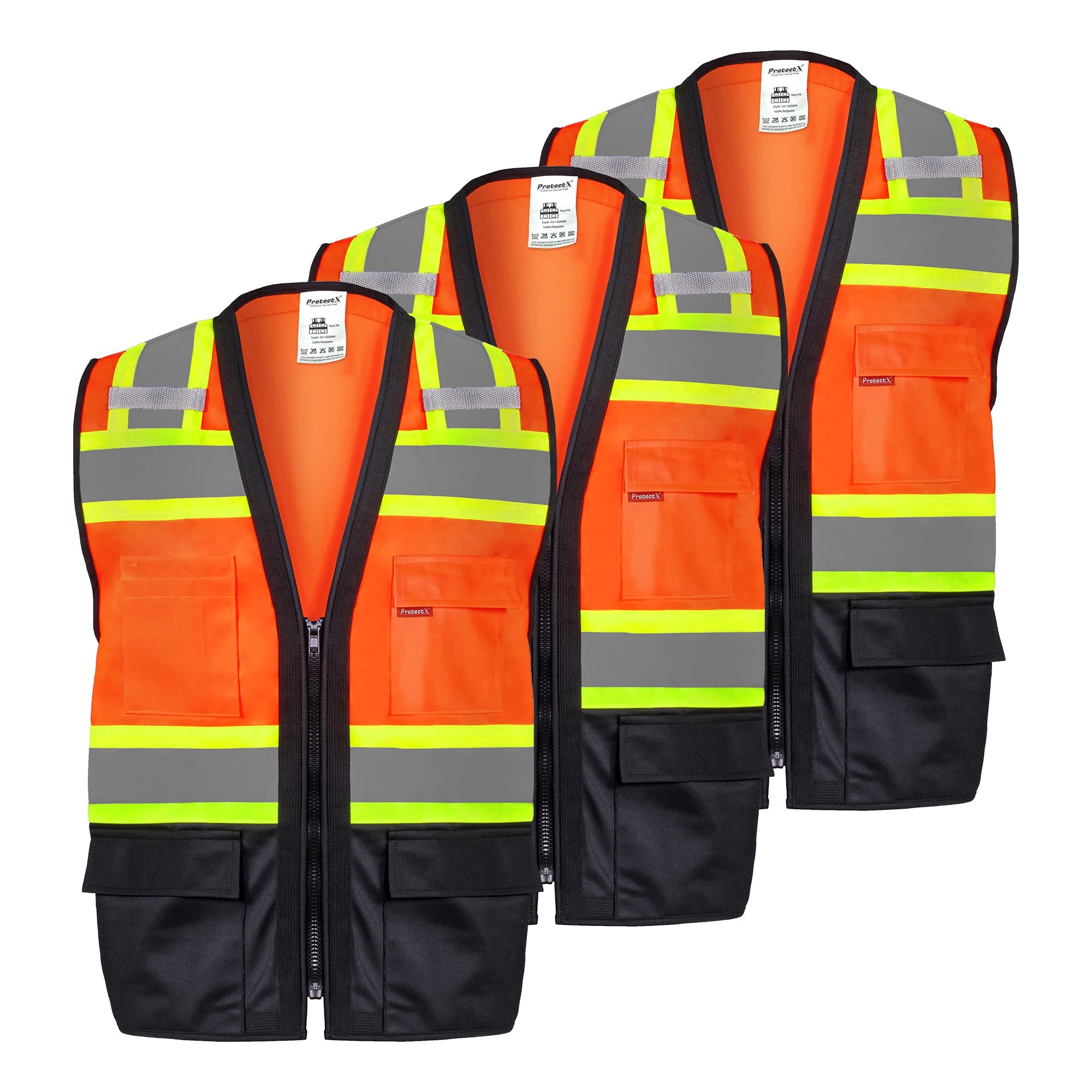ProtectX Safety Vest ANSI Neon Orange Class 2 Hi-Visibility Vest All Solid Fabric with 6 Pockets, ANSI/ISEA Certified <br>SV-120SS4-ORBK