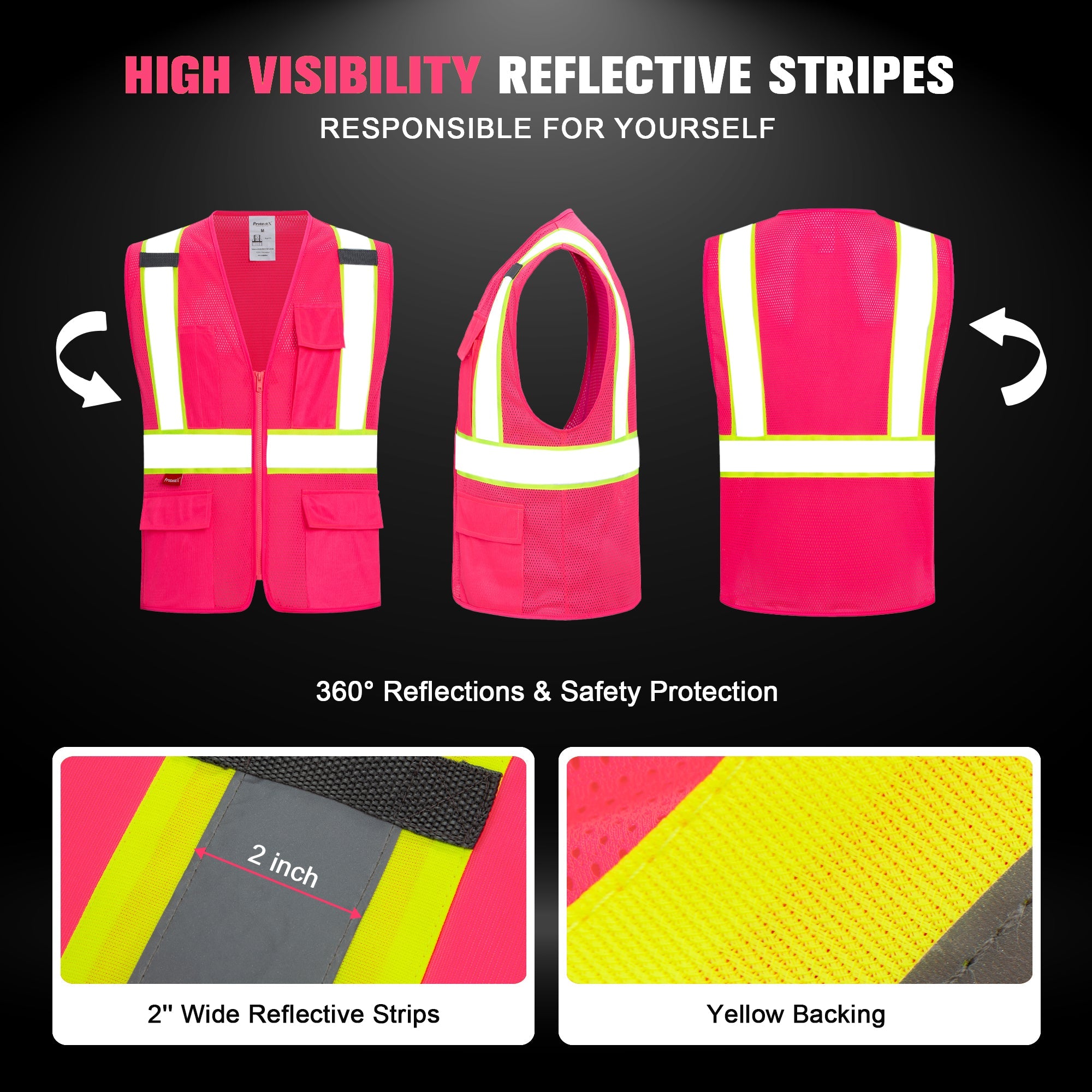 ProtectX Safety Vest for Men Women High Visibility Mesh Reflective Construction Vest with 4 Pockets<br>SV-120MM4-PKPK-01