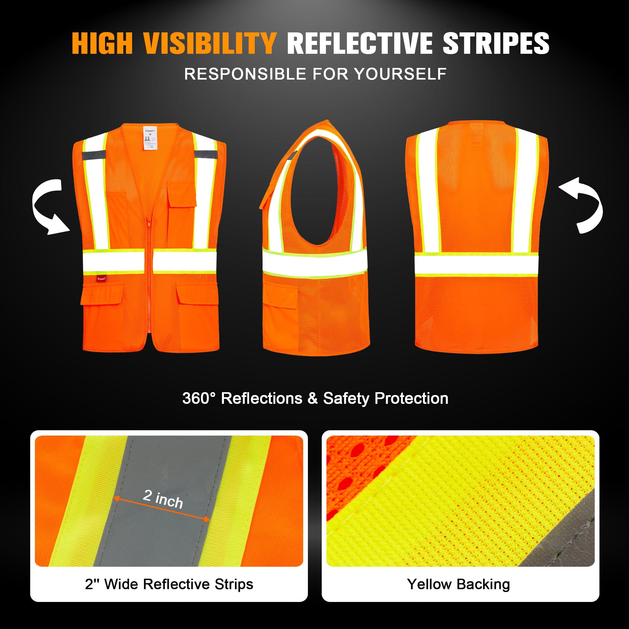 ProtectX Neon Orange Safety Vest for Men Women ANSI Class 2 High Visibility Mesh Reflective Construction Vest with 4 Pockets <br>SV-120MM4-OROR-01