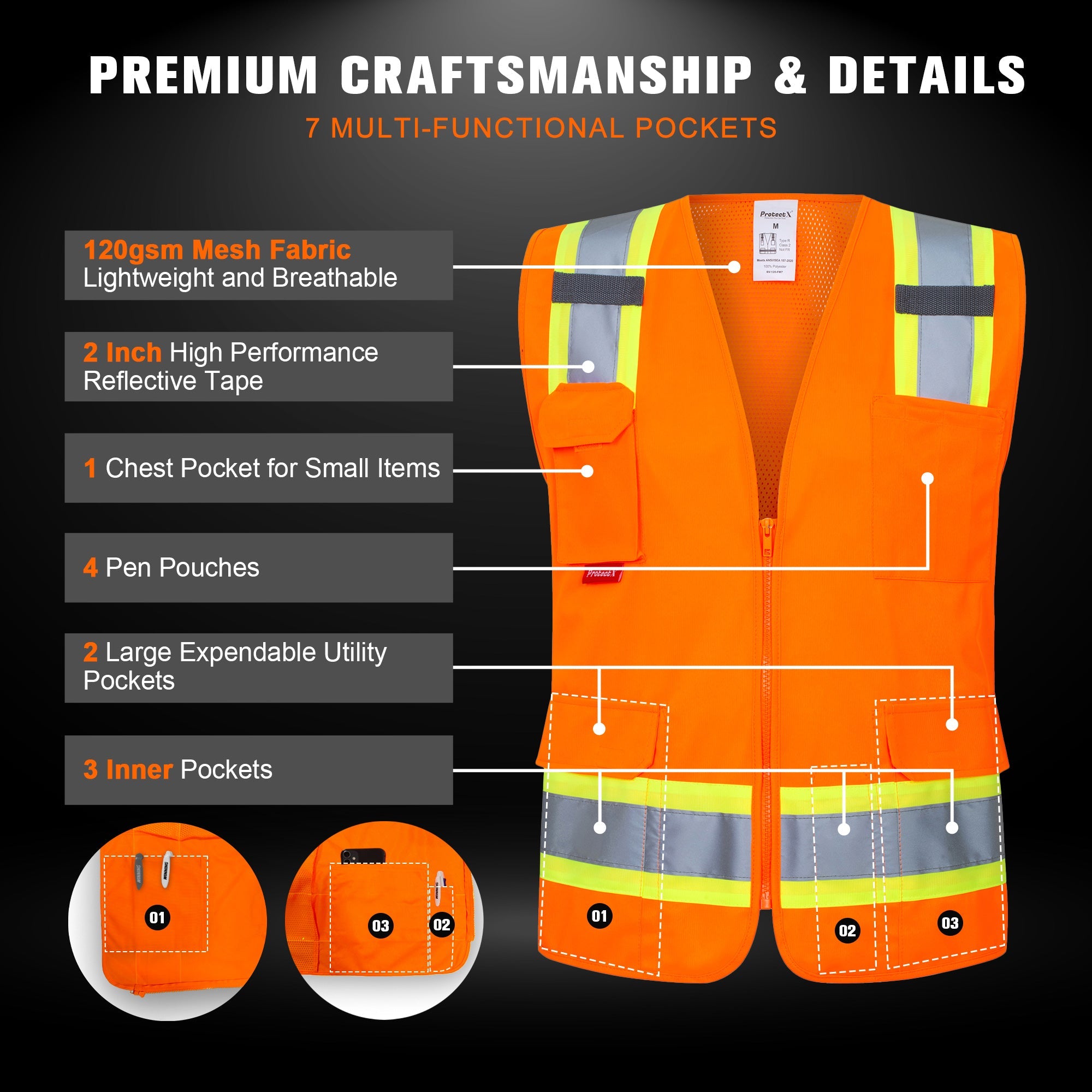 ProtectX Orange High Visibility Reflective Safety Vest for Men Women Hi Vis Work Construction Vest with Pockets Class 2 Zipper Front Meets ANSI Standards 7 Pockets<br>SV-120-FM7-OR-01