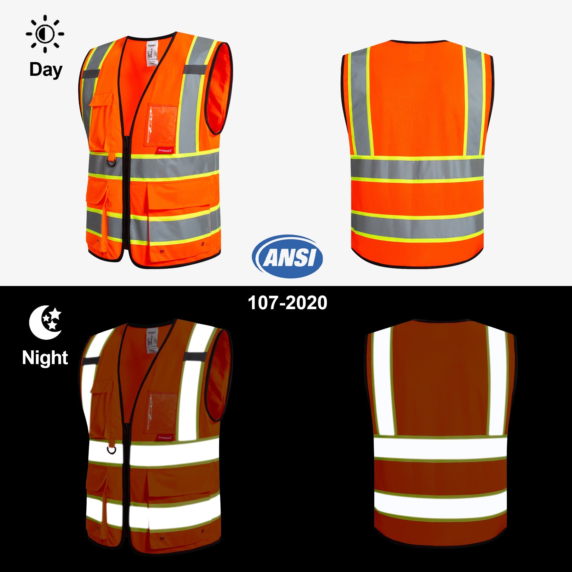 ProtectX 9 Pockets Orange Safety Vest for Men Women High Visibility Reflective Vest for Construction Work Class 2<br>SV-120-SS9-OR-01