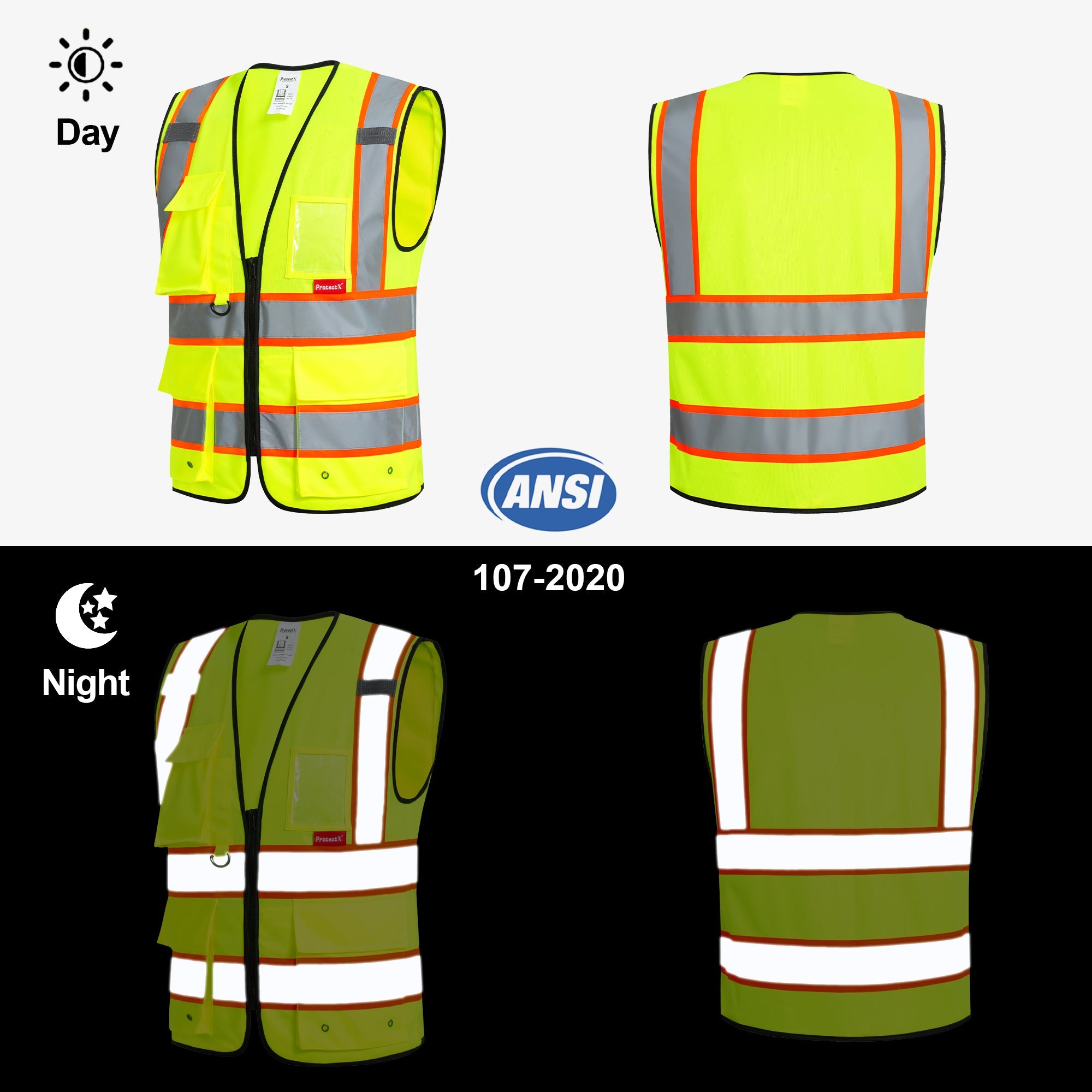 ProtectX 9 Pockets Green Safety Vest for Men Women High Visibility Reflective Vest for Construction Work Class 2<br>SV-120-SS9-GN-01