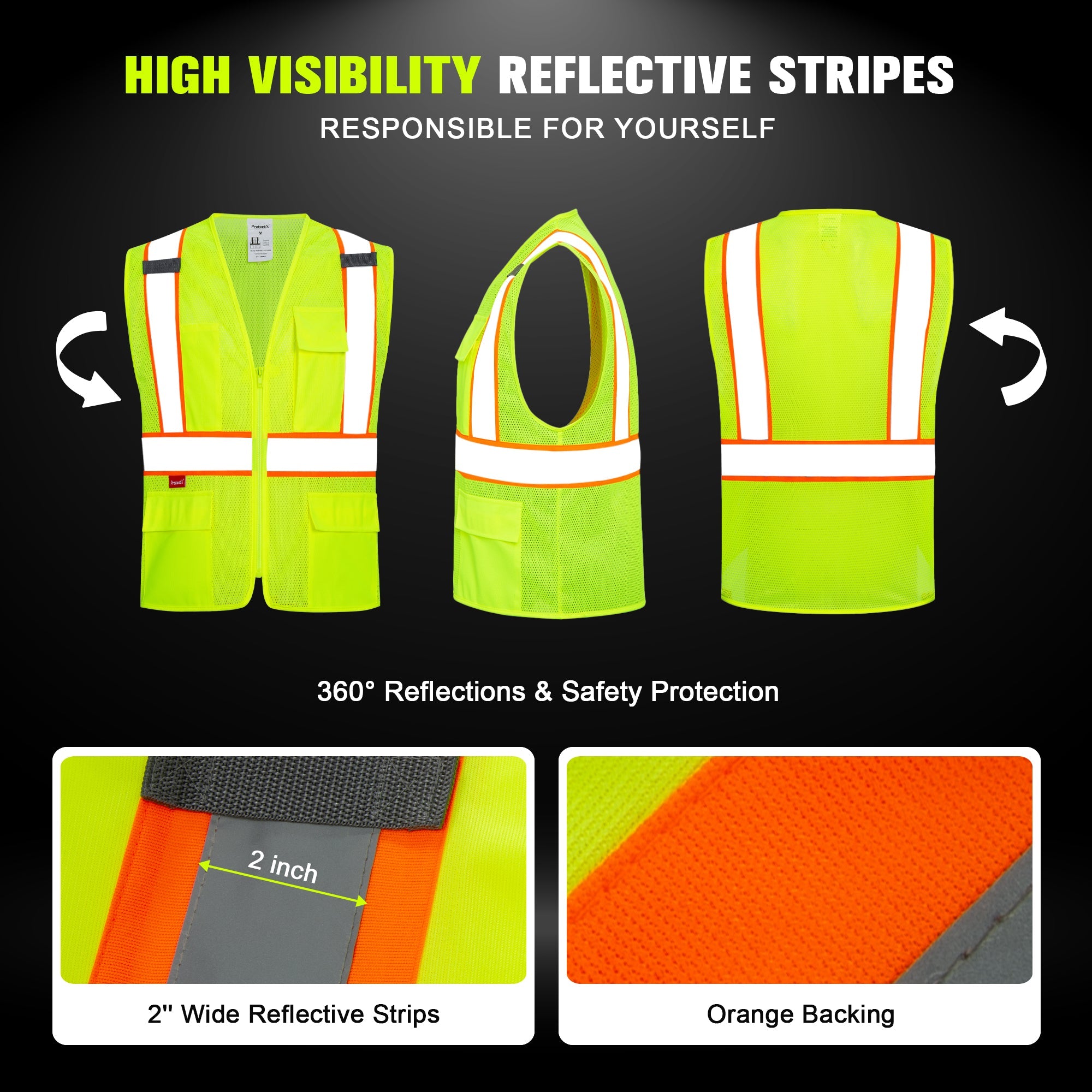 ProtectX Neon Green Safety Vest for Men Women ANSI Class 2 High Visibility Mesh Reflective Construction Vest with 4 Pockets <br>SV-120MM4-GNGN