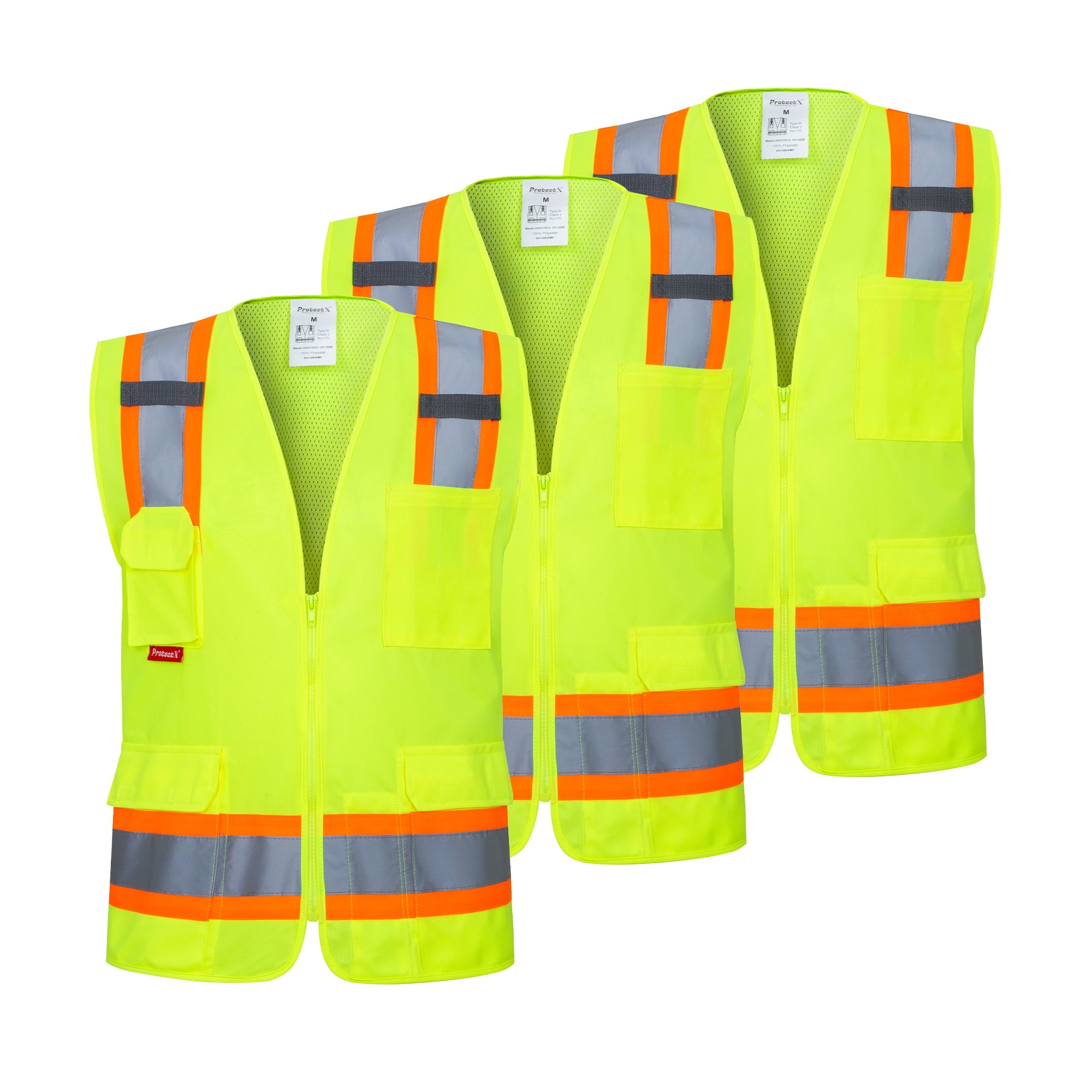 ProtectX Neon Green High Visibility Reflective Safety Vest for Men Women Hi Vis Work Construction Vest with Pockets Class 2 Zipper Front Meets ANSI Standards 7 Pockets<br>SV-120-FM7-GN-01