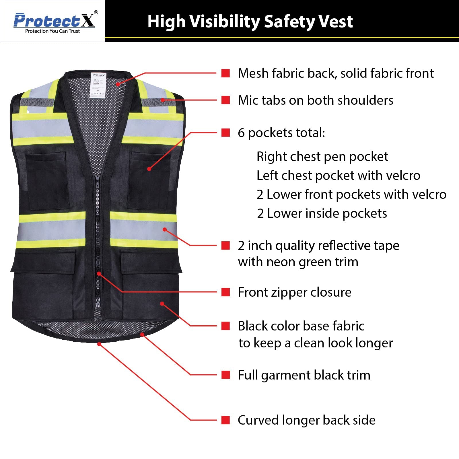ProtectX Safety Vest Black Hi-Visibility Vest Solid Front Mesh Back with 6 Pockets<br>SV-120SM4-BKBK