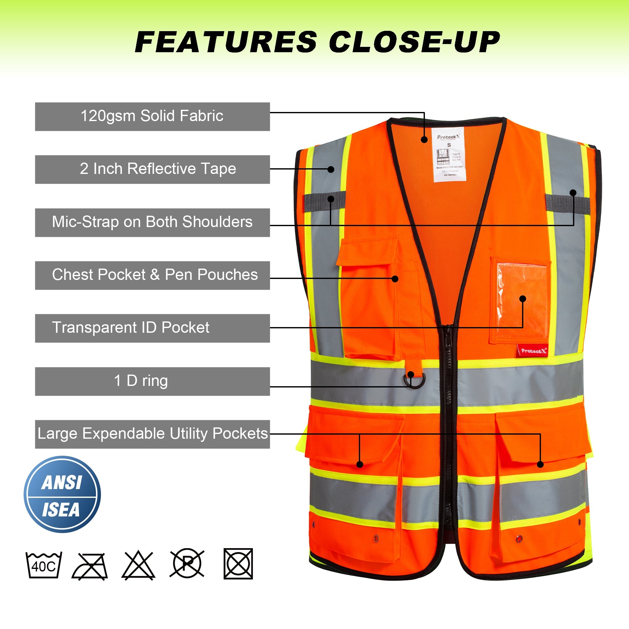 ProtectX 9 Pockets Orange Safety Vest for Men Women High Visibility Reflective Vest for Construction Work Class 2<br>SV-120-SS9-OR-01