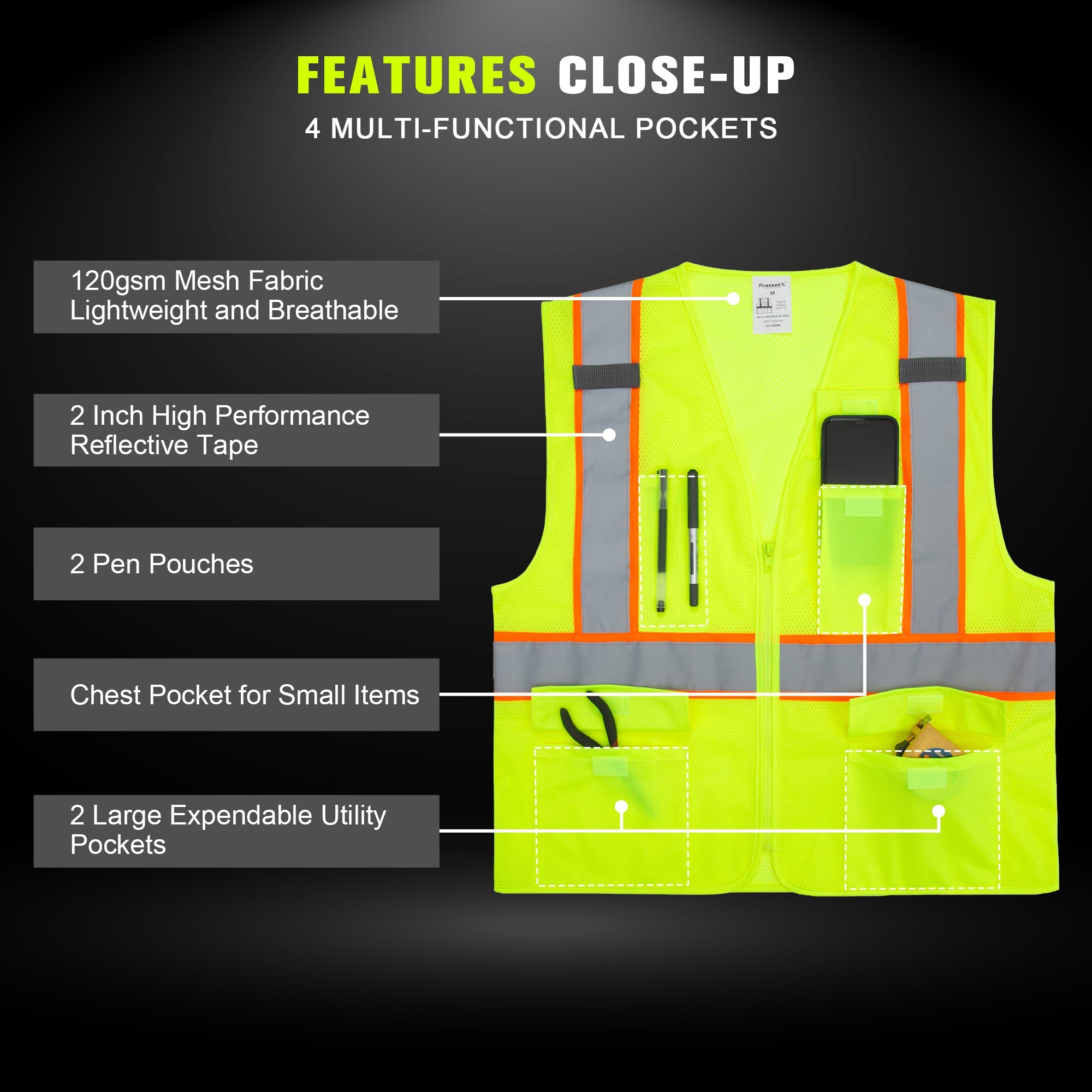 ProtectX Neon Green Safety Vest for Men Women ANSI Class 2 High Visibility Mesh Reflective Construction Vest with 4 Pockets <br>SV-120MM4-GNGN