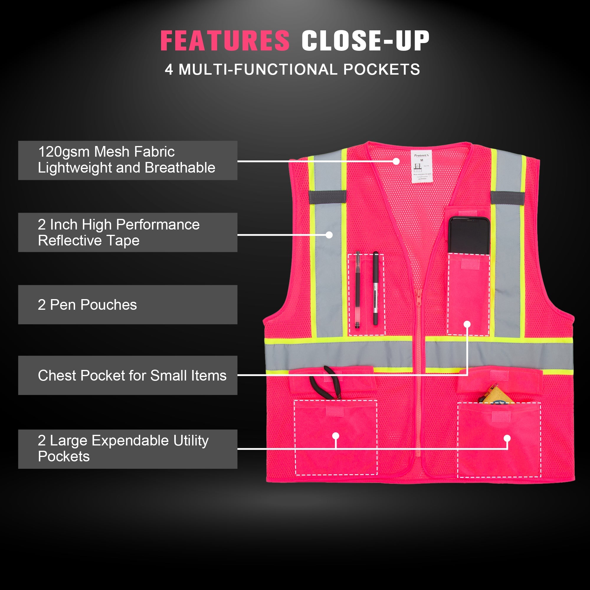 ProtectX Safety Vest for Men Women High Visibility Mesh Reflective Construction Vest with 4 Pockets<br>SV-120MM4-PKPK-01