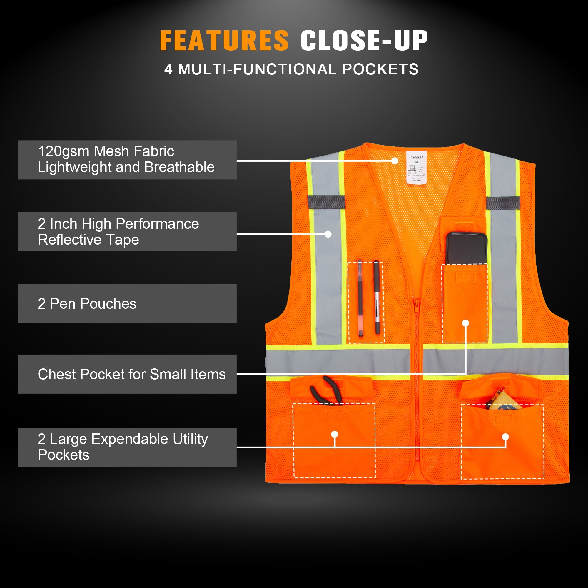ProtectX Neon Orange Safety Vest for Men Women ANSI Class 2 High Visibility Mesh Reflective Construction Vest with 4 Pockets <br>SV-120MM4-OROR-01