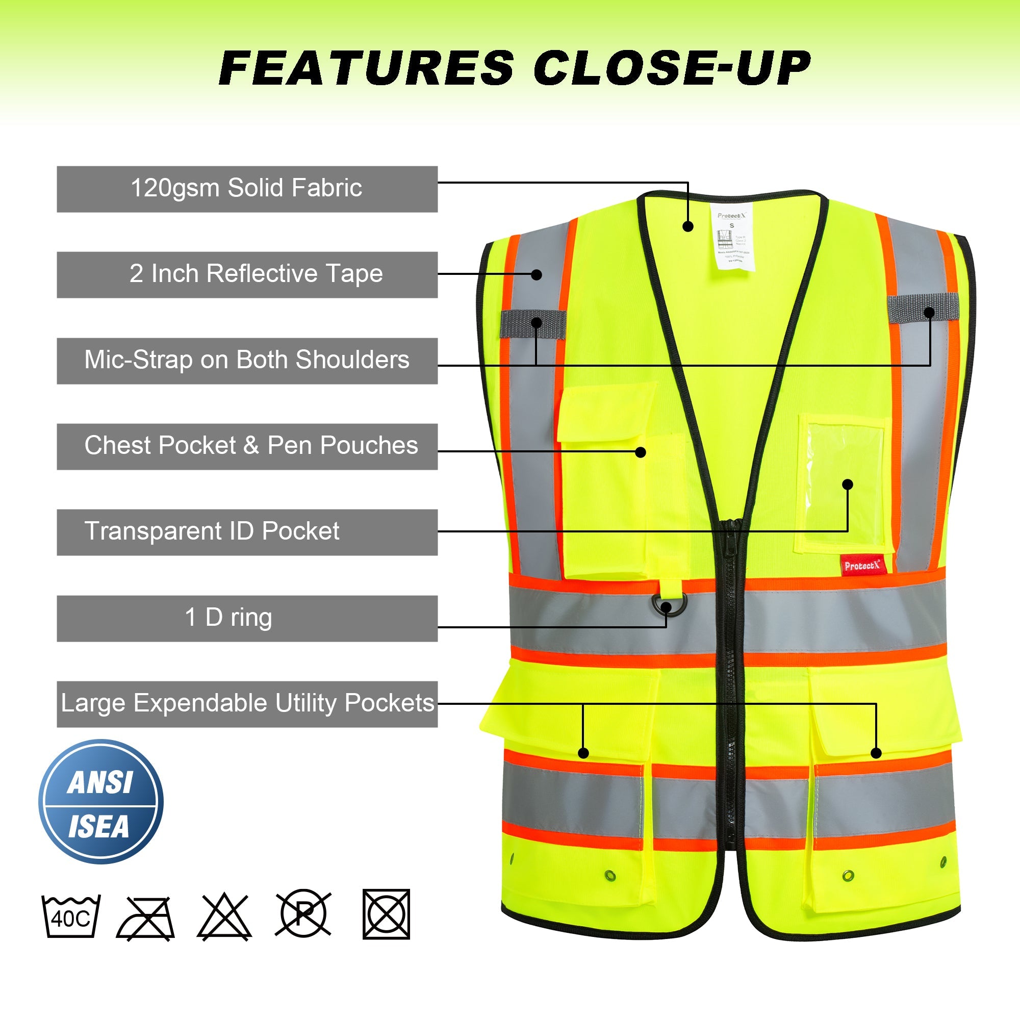 ProtectX 9 Pockets Green Safety Vest for Men Women High Visibility Reflective Vest for Construction Work Class 2<br>SV-120-SS9-GN-01