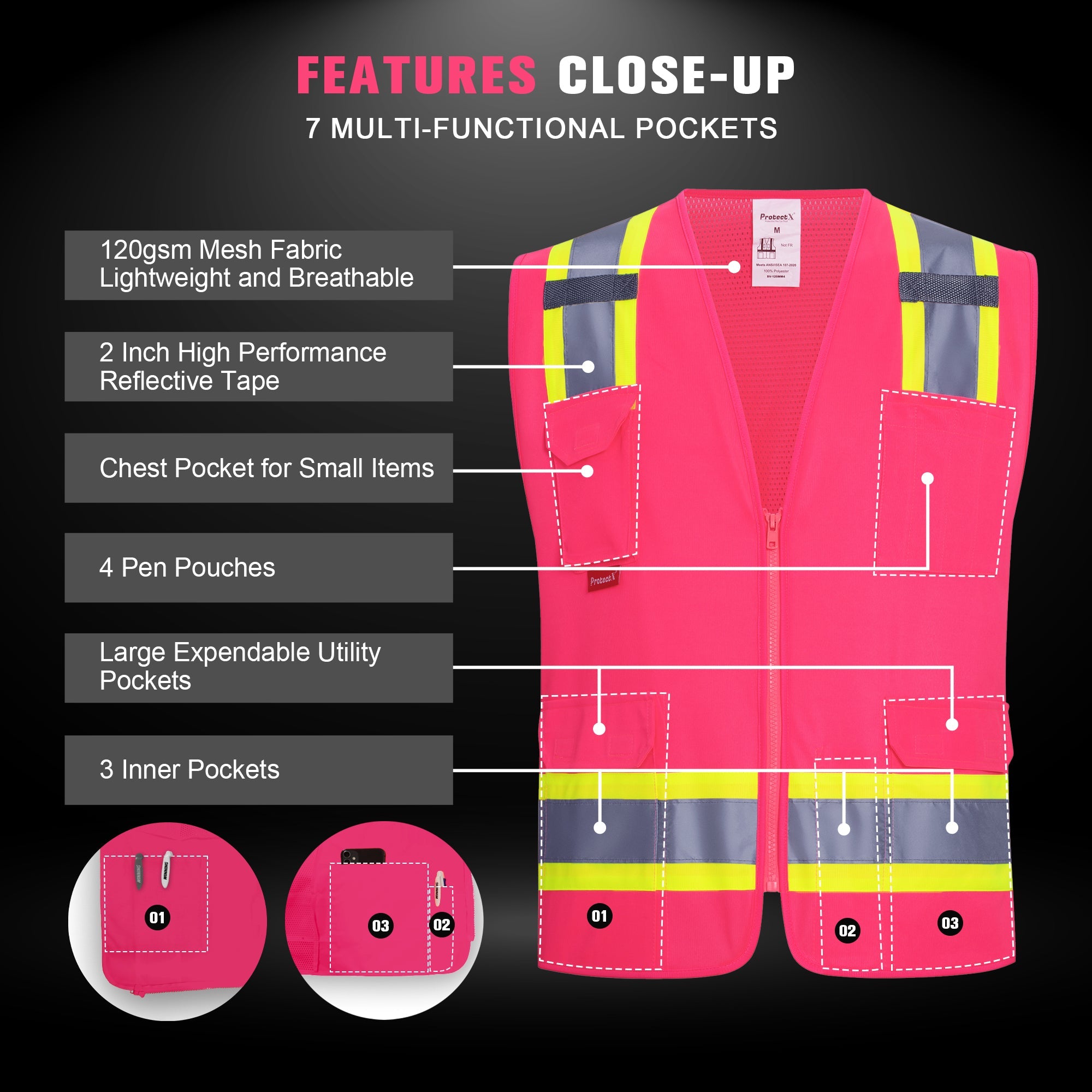 ProtectX Pink High Visibility Reflective Safety Vest for Men Women Hi Vis Work Construction Vest with Pockets Zipper Front  7 Pockets<br>SV-120-FM7-PK-01
