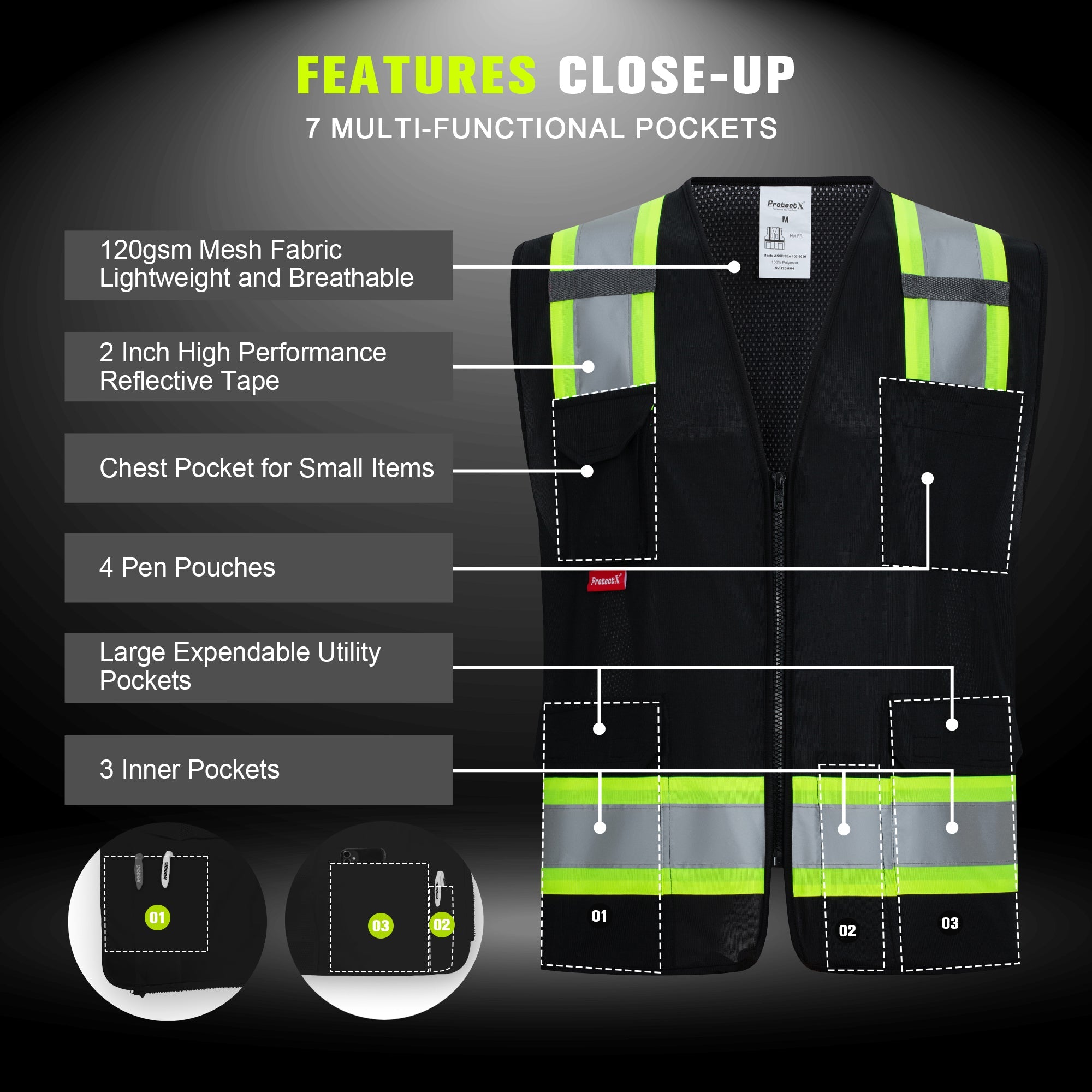 ProtectX Black High Visibility Reflective Safety Vest for Men Women Hi Vis Work Construction Vest with Pockets Zipper Front  7 Pockets<br>SV-120-FM7-BK-01