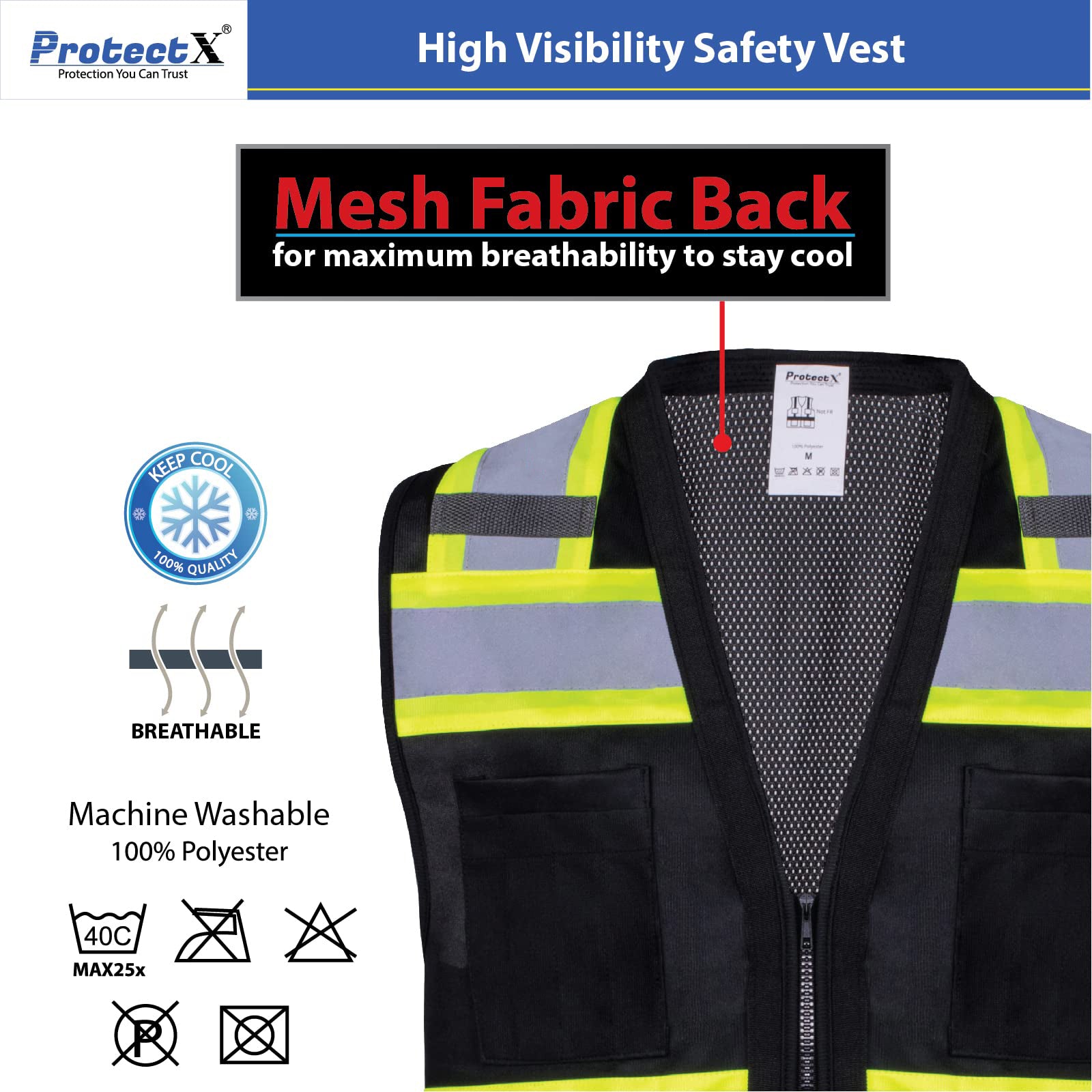 ProtectX Safety Vest Black Hi-Visibility Vest Solid Front Mesh Back with 6 Pockets<br>SV-120SM4-BKBK