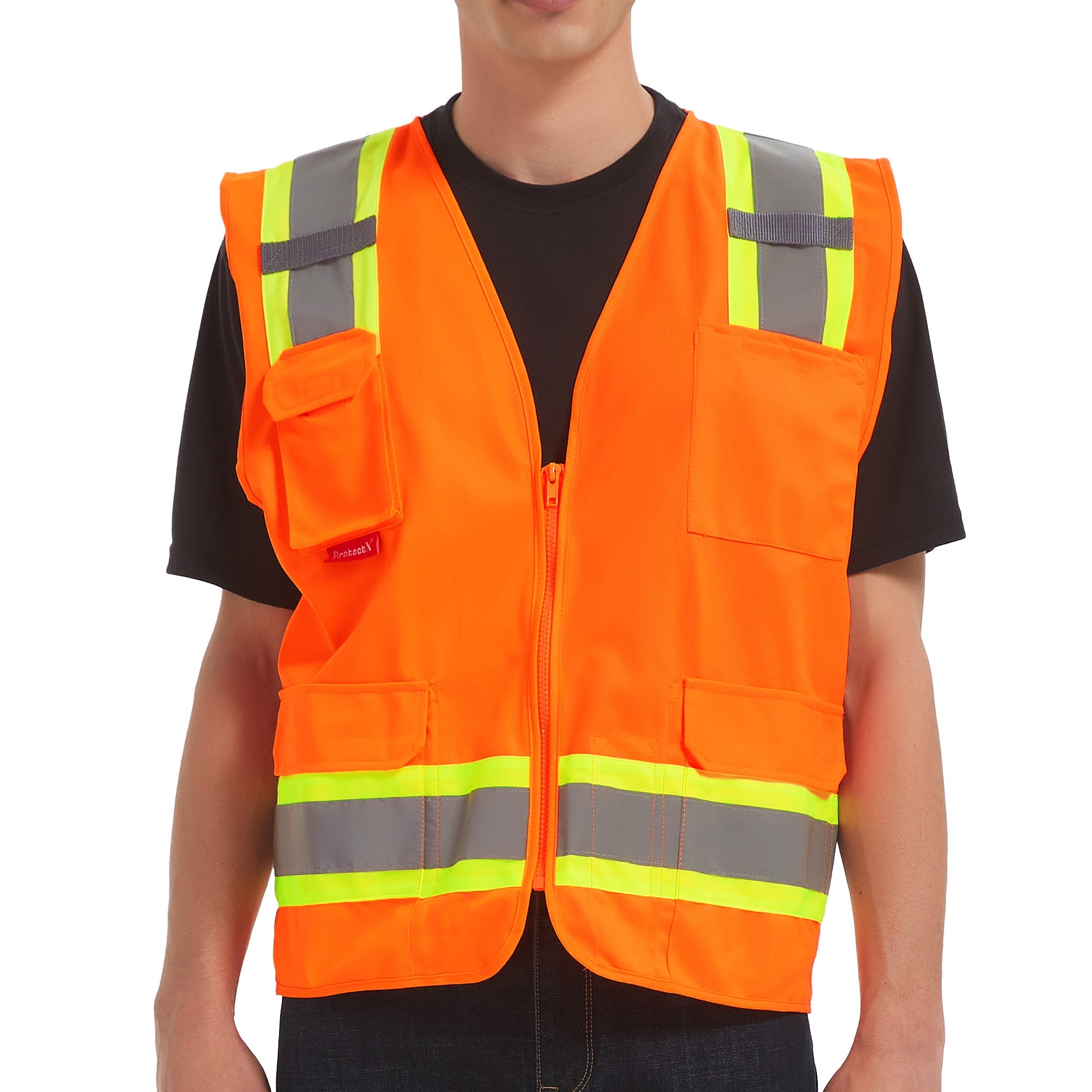 ProtectX Orange High Visibility Reflective Safety Vest for Men Women Hi Vis Work Construction Vest with Pockets Class 2 Zipper Front Meets ANSI Standards 7 Pockets<br>SV-120-FM7-OR-01