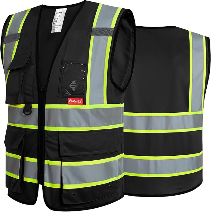 ProtectX 9 Pockets Black Safety Vest for Men Women High Visibility Reflective Vest for Construction Work<br>SV-120-SS9-BK-01