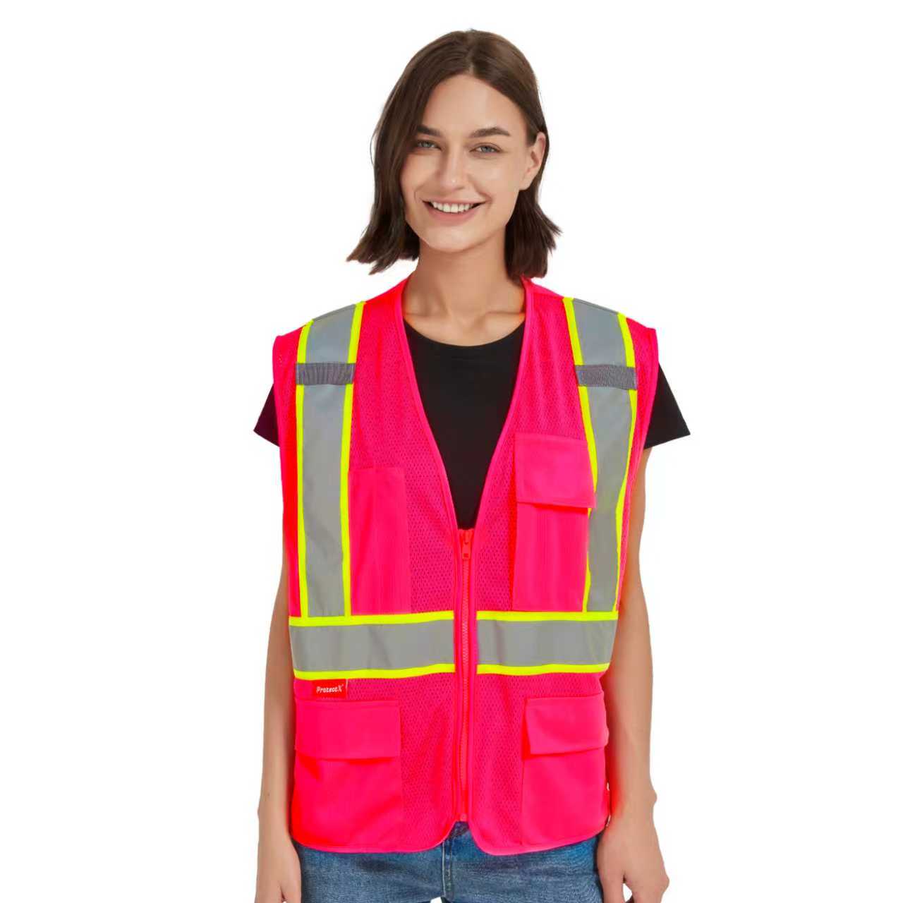 ProtectX Safety Vest for Men Women High Visibility Mesh Reflective Construction Vest with 4 Pockets<br>SV-120MM4-PKPK-01
