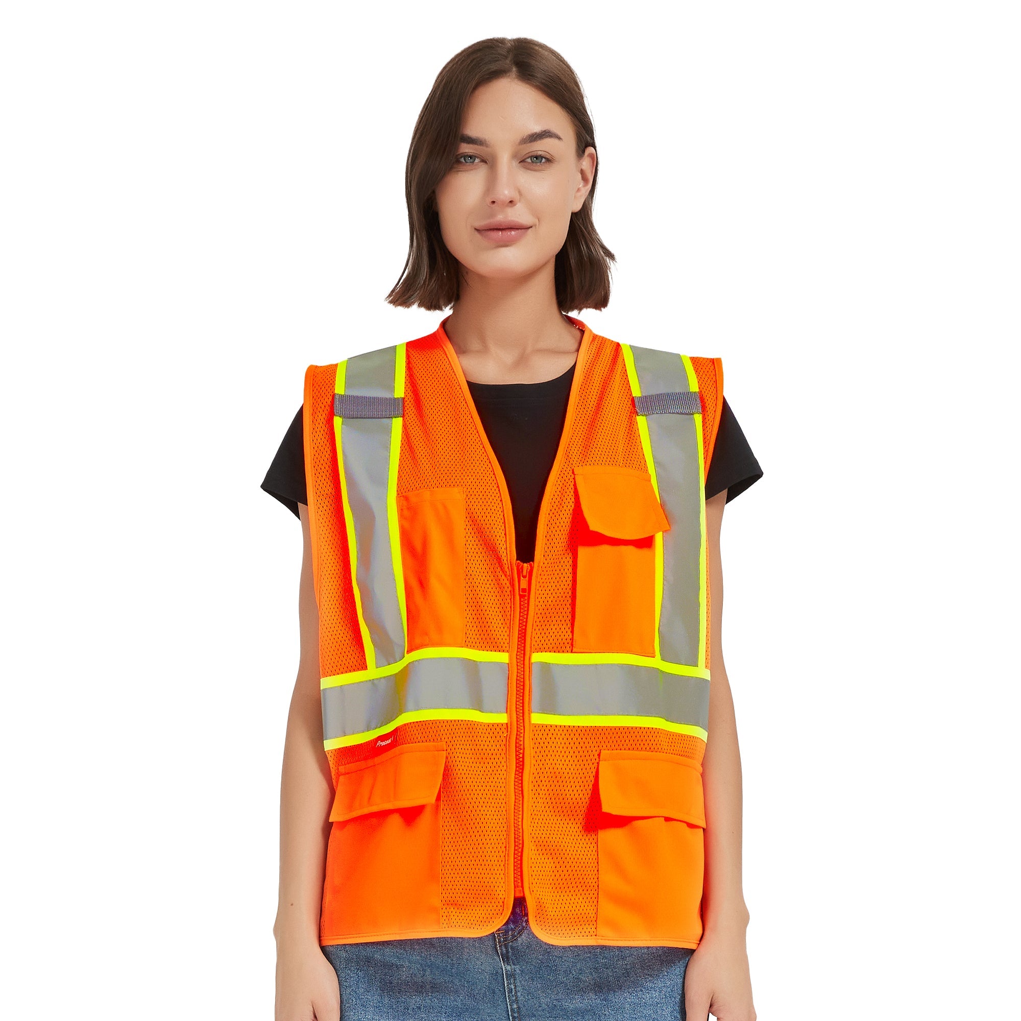 ProtectX Neon Orange Safety Vest for Men Women ANSI Class 2 High Visibility Mesh Reflective Construction Vest with 4 Pockets <br>SV-120MM4-OROR-01