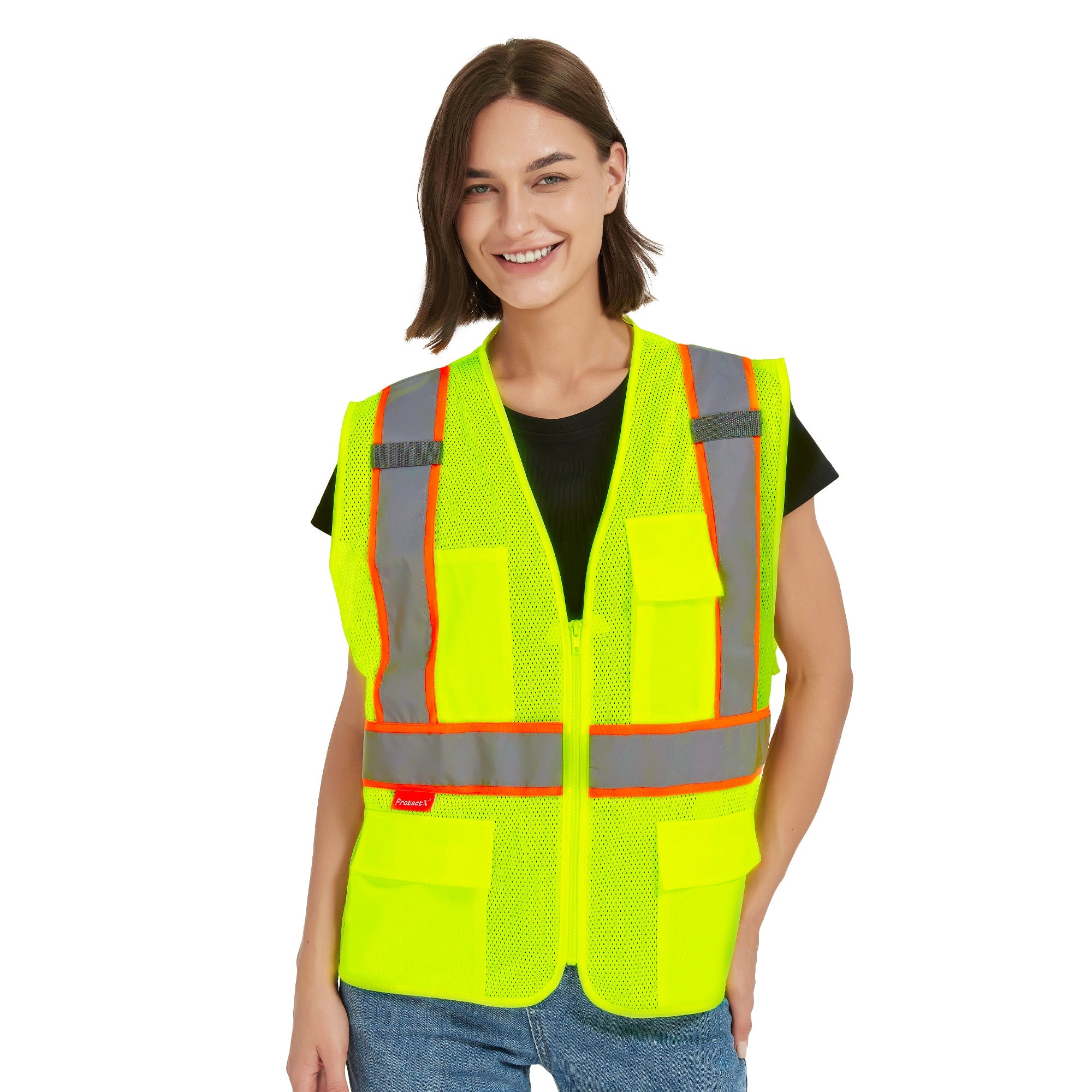 ProtectX Neon Green Safety Vest for Men Women ANSI Class 2 High Visibility Mesh Reflective Construction Vest with 4 Pockets <br>SV-120MM4-GNGN