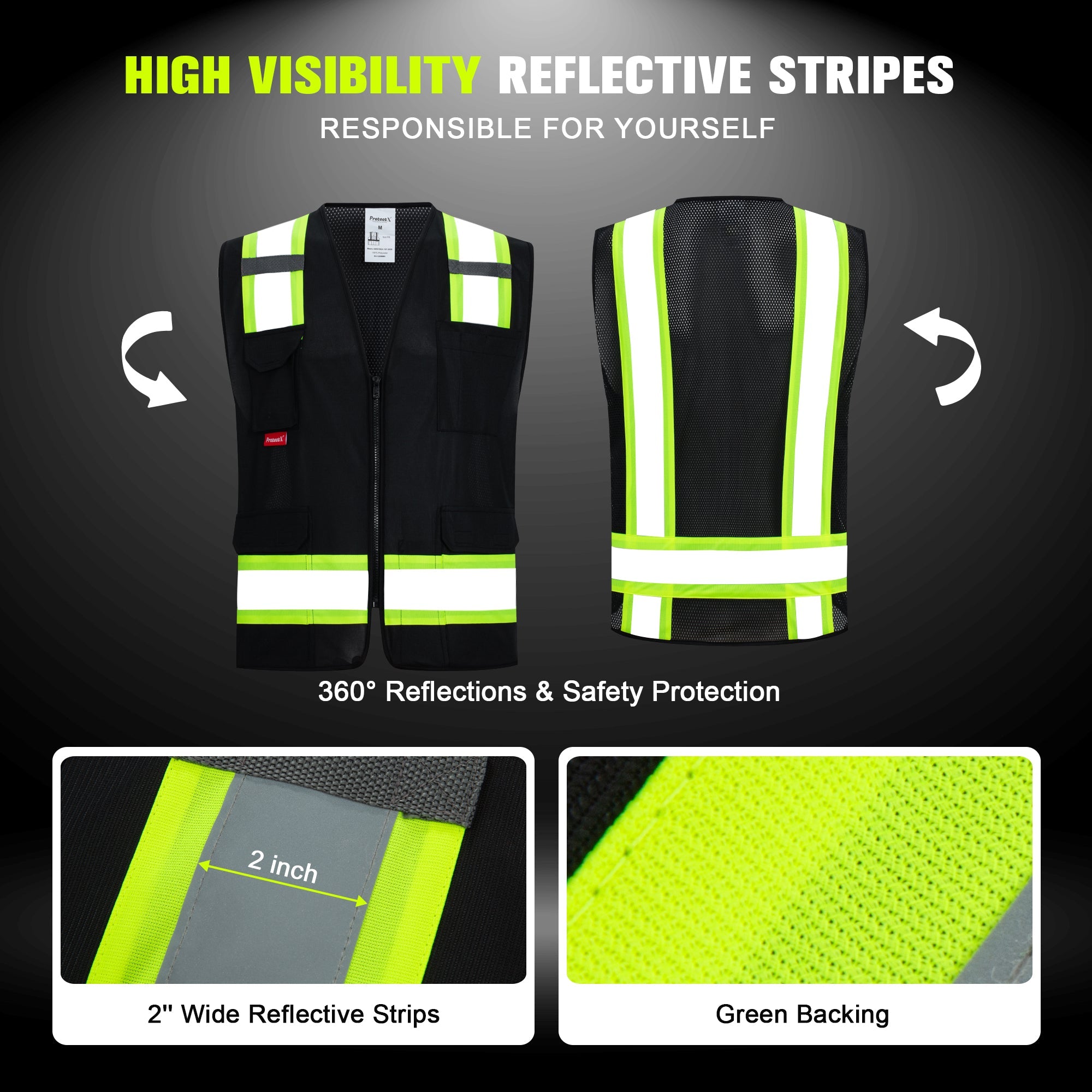 ProtectX Black High Visibility Reflective Safety Vest for Men Women Hi Vis Work Construction Vest with Pockets Zipper Front  7 Pockets<br>SV-120-FM7-BK-01