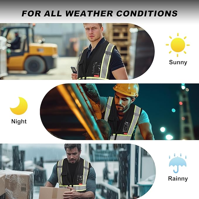 ProtectX 9 Pockets Black Safety Vest for Men Women High Visibility Reflective Vest for Construction Work<br>SV-120-SS9-BK-01