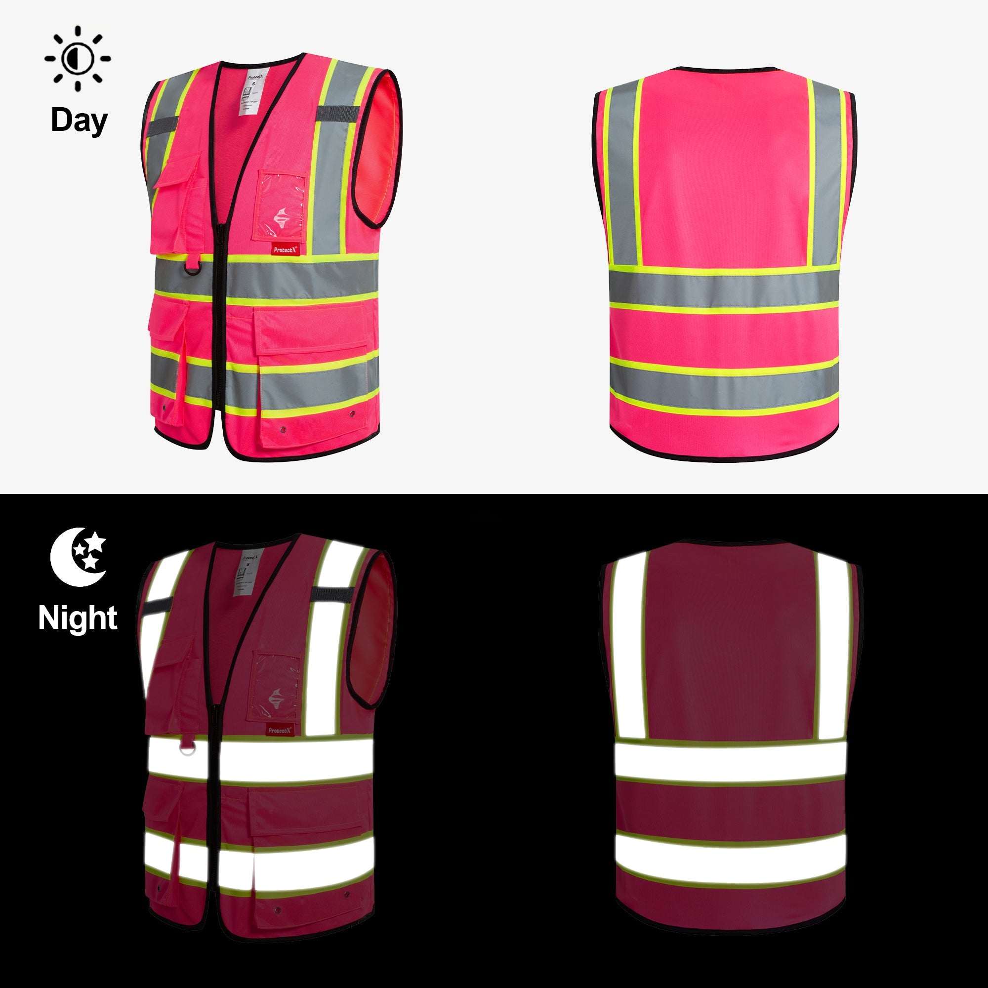 ProtectX 9 Pockets Pink Safety Vest for Men Women High Visibility Reflective Vest for Construction Work<br>SV-120-SS9-PK-01